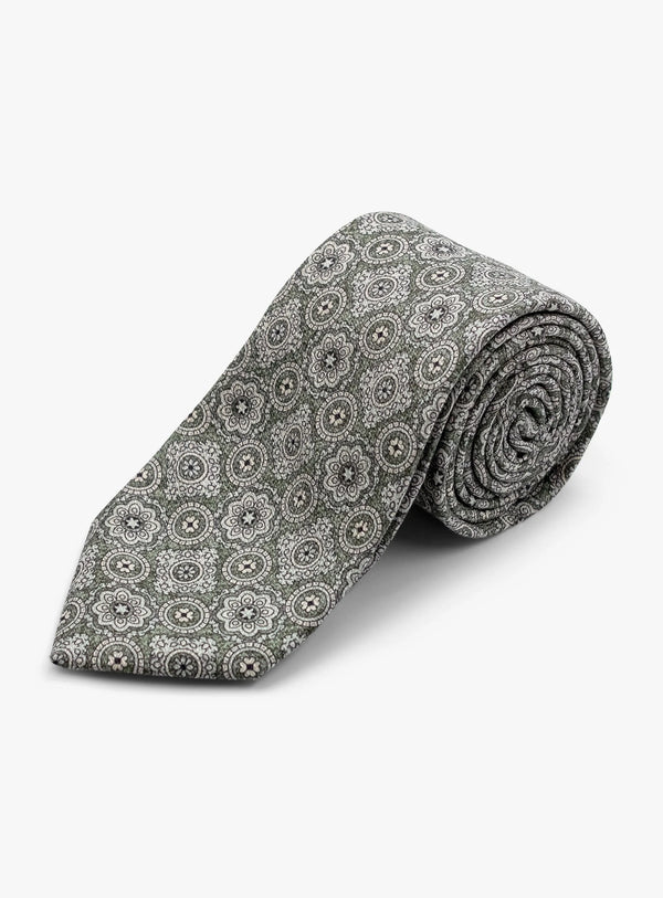 Bottinelli Italian Tie: Sage Green with Ornate Medallion Pattern