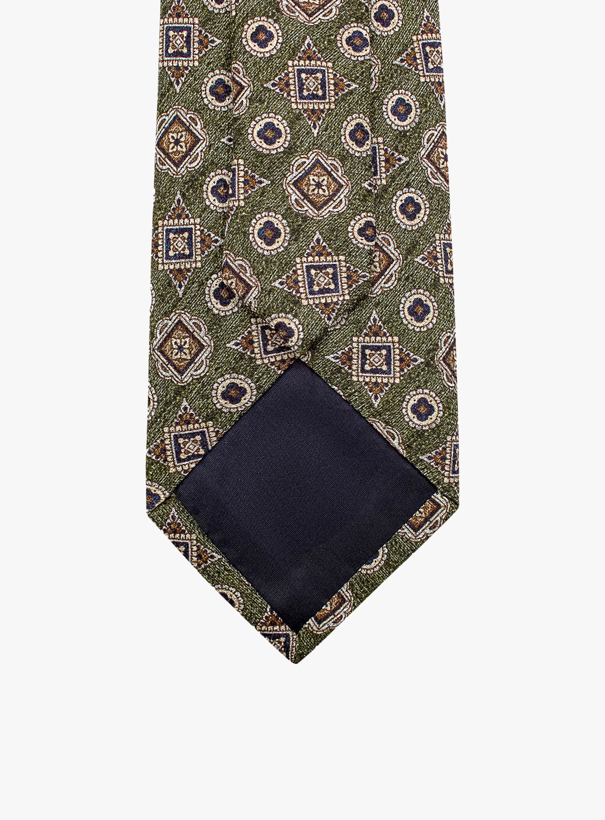 Bottinelli Italian Tie: Olive with Amber and Navy Geometric Medallions