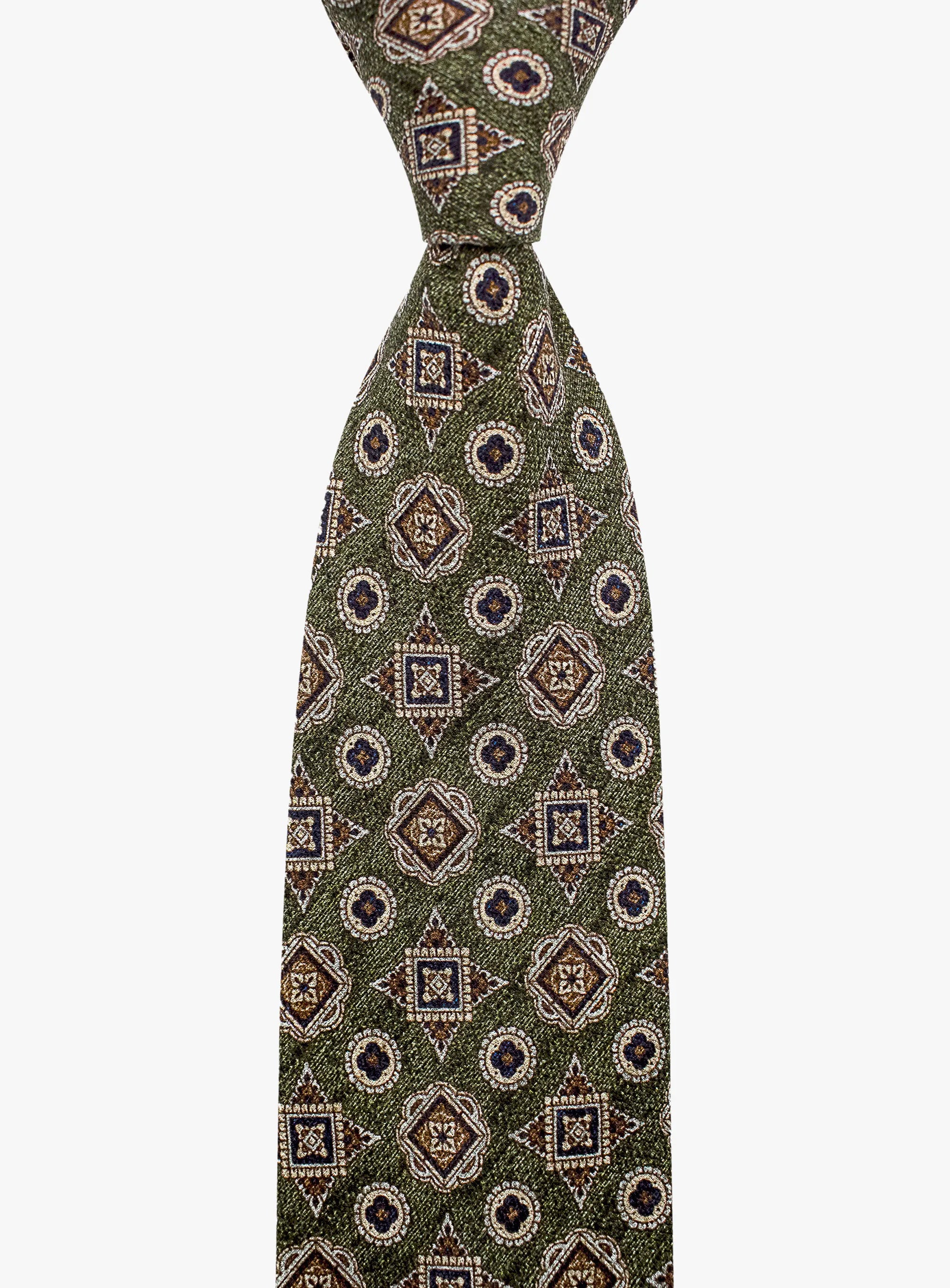 Bottinelli Italian Tie: Olive with Amber and Navy Geometric Medallions