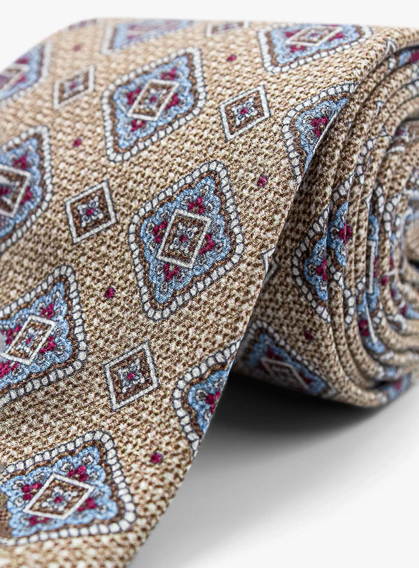 Bottinelli Italian Tie: Sand with Blue and Red Diamond Medallions