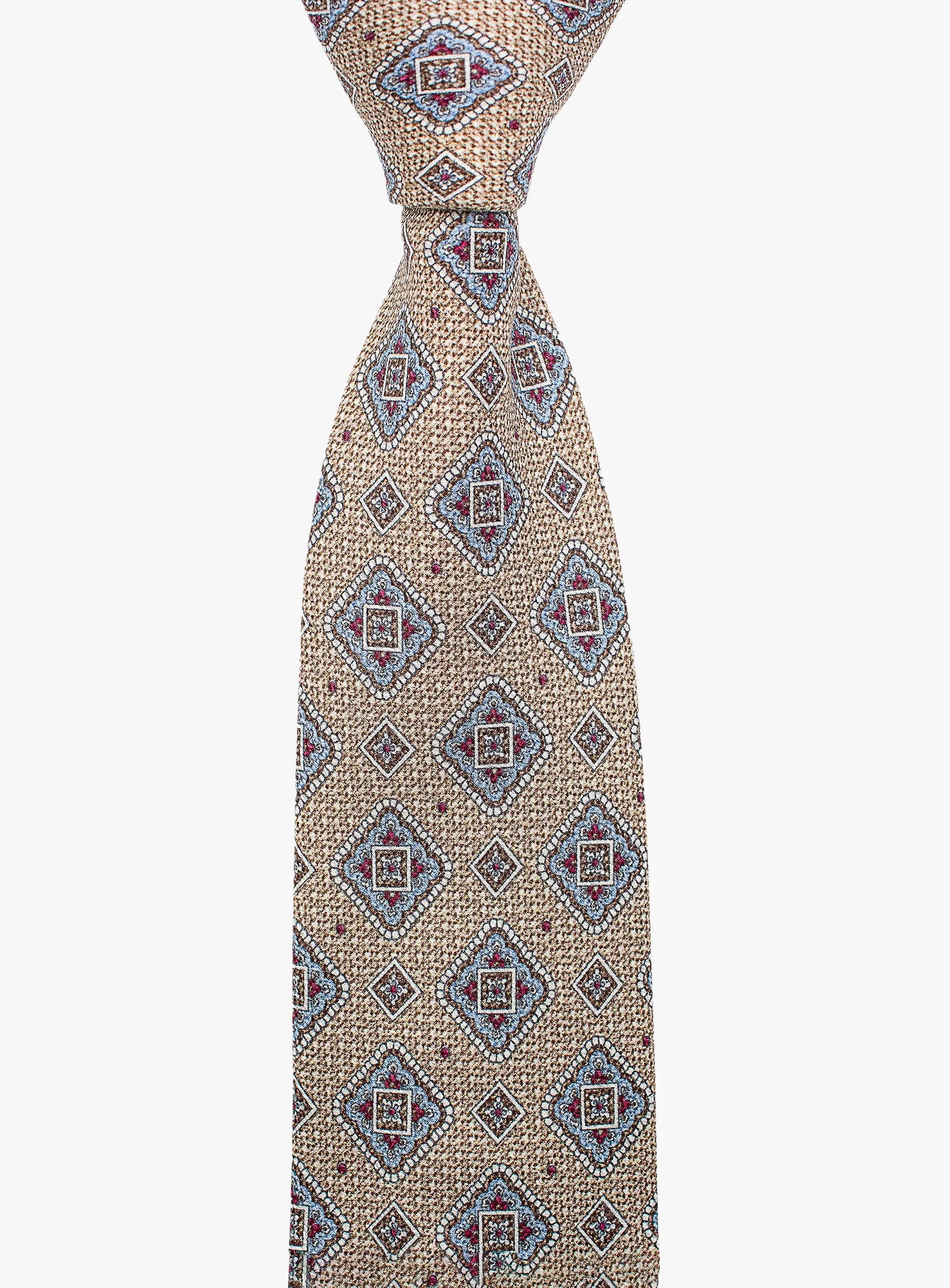 Bottinelli Italian Tie: Sand with Blue and Red Diamond Medallions