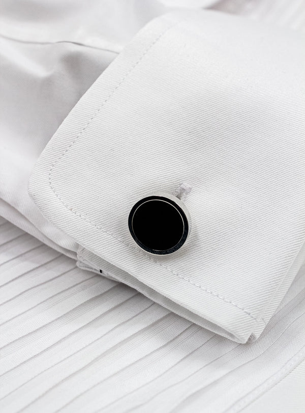 circular silver with black enamel cufflinks in shirt