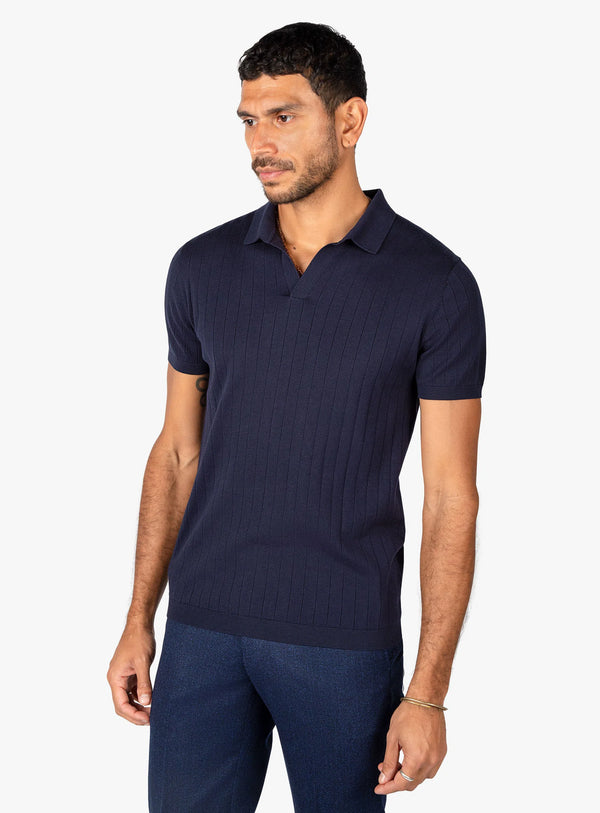 Geno Ribbed Short Sleeve Navy Polo
