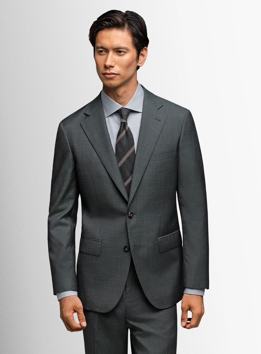 Man wearing a gray suit with a white background