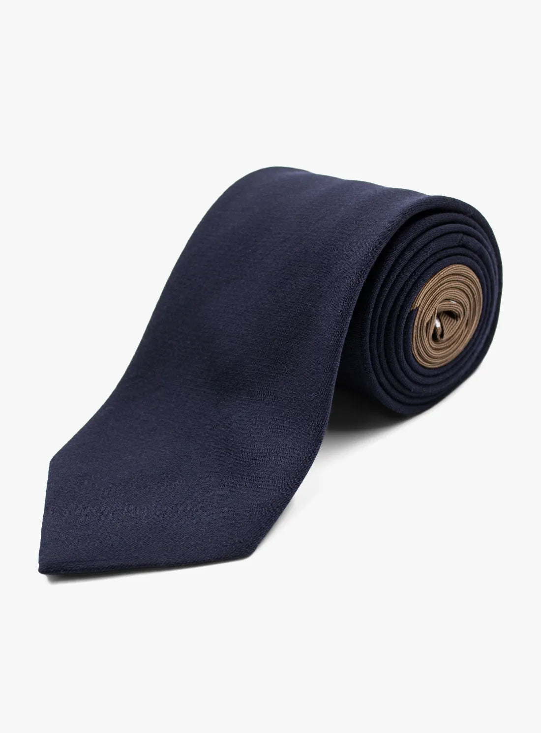 Navy blue tie with a brown knot on a white background