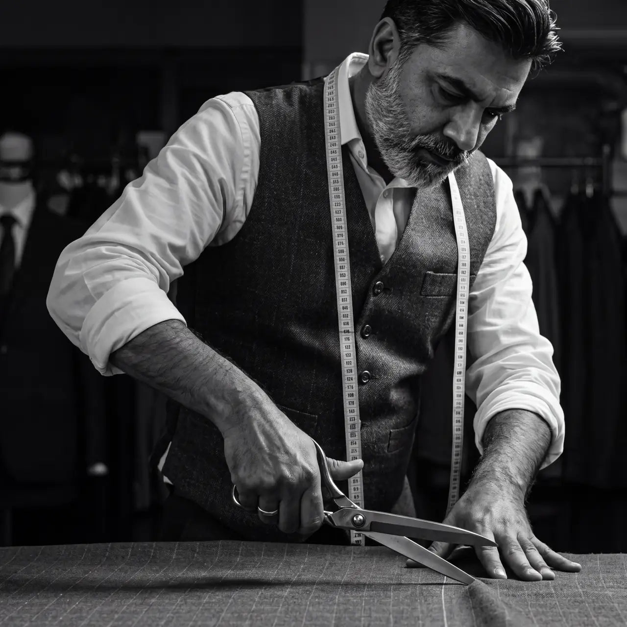 A tailor in a waistcoat, tape measure around his neck, cutting cloth with shears