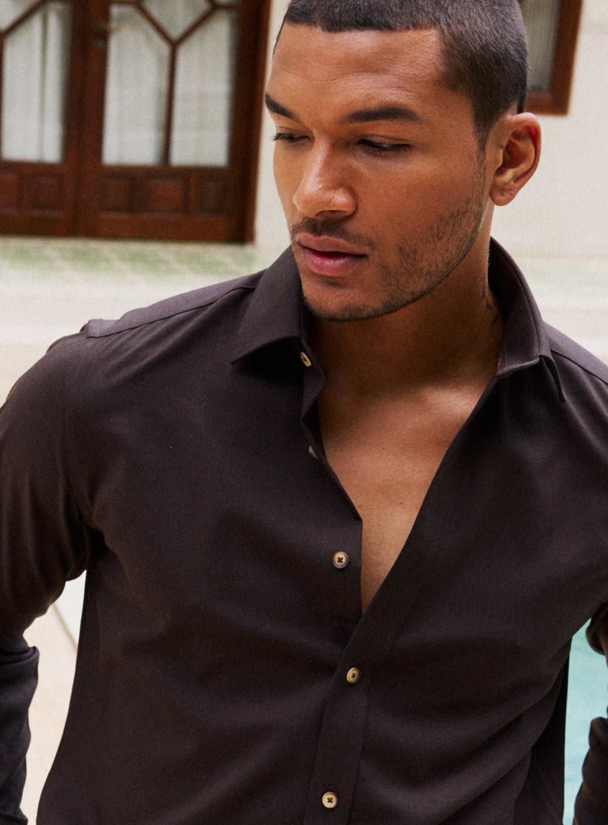 Piero Slim Fit Wool Twill Brown Shirt