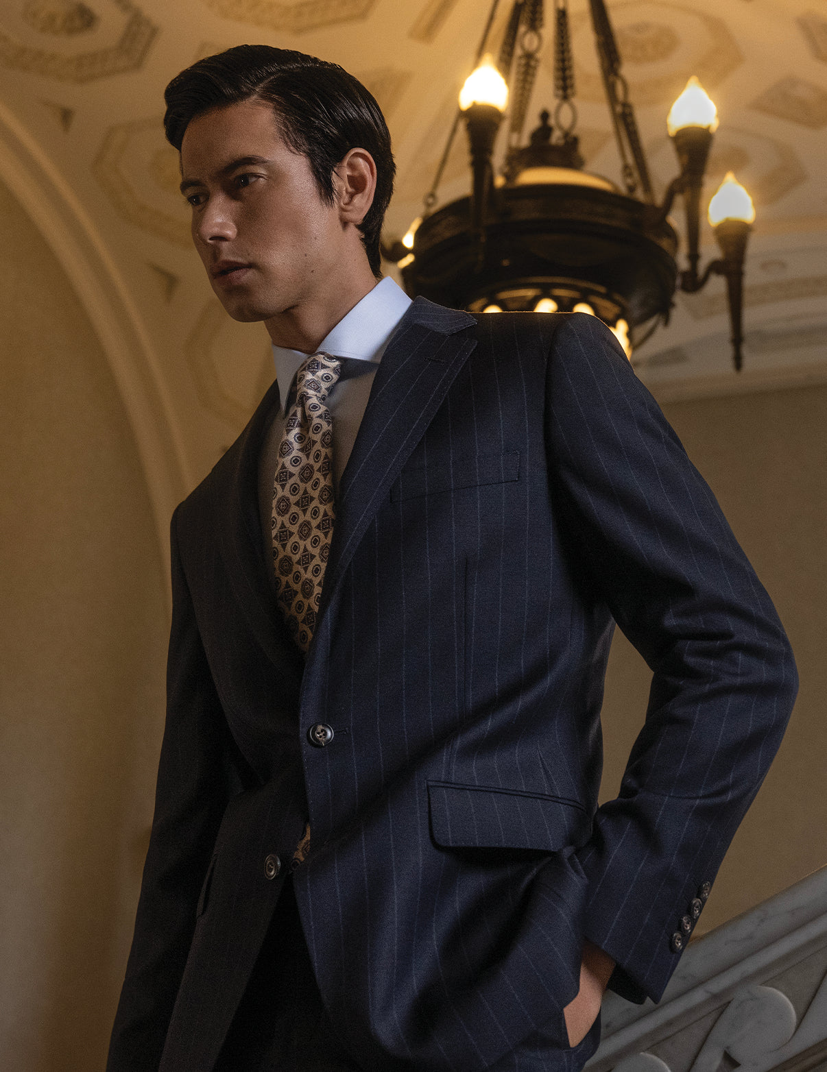 Man in a dark suit with a patterned tie standing in an elegant interior setting.