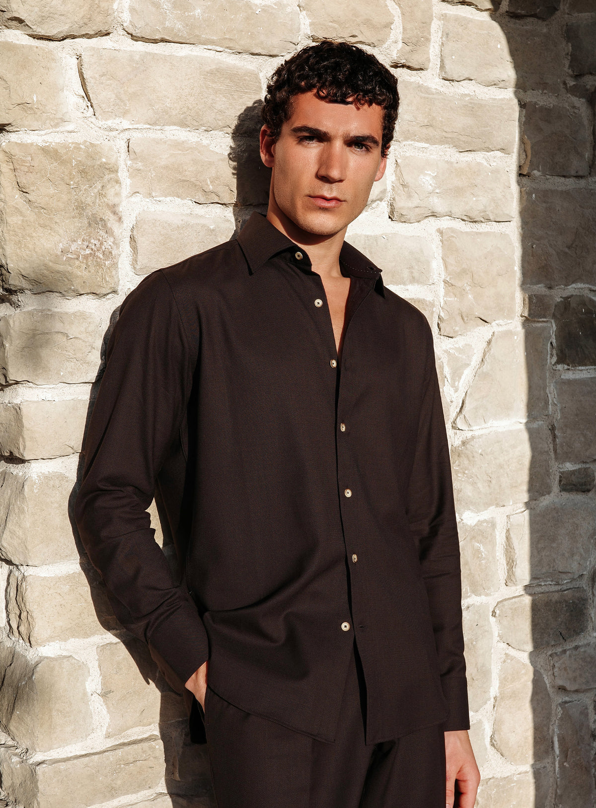Piero Wool Twill Chocolate Brown Shirt