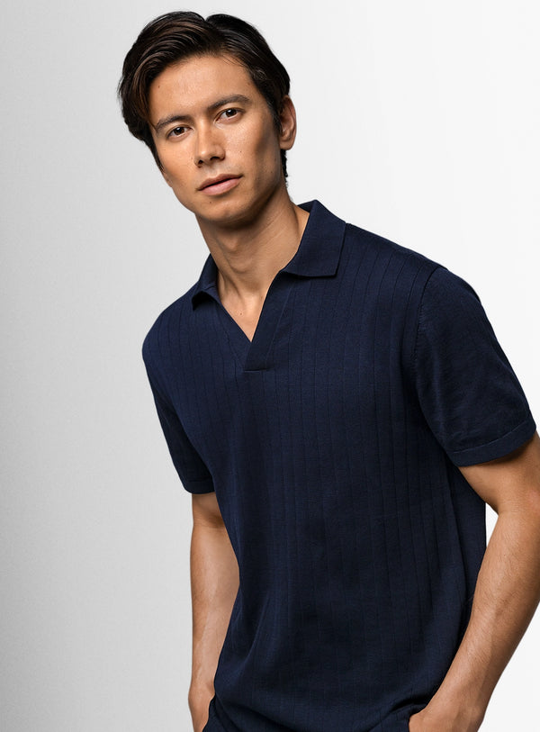 Corrado Ribbed Short Sleeve Navy Polo