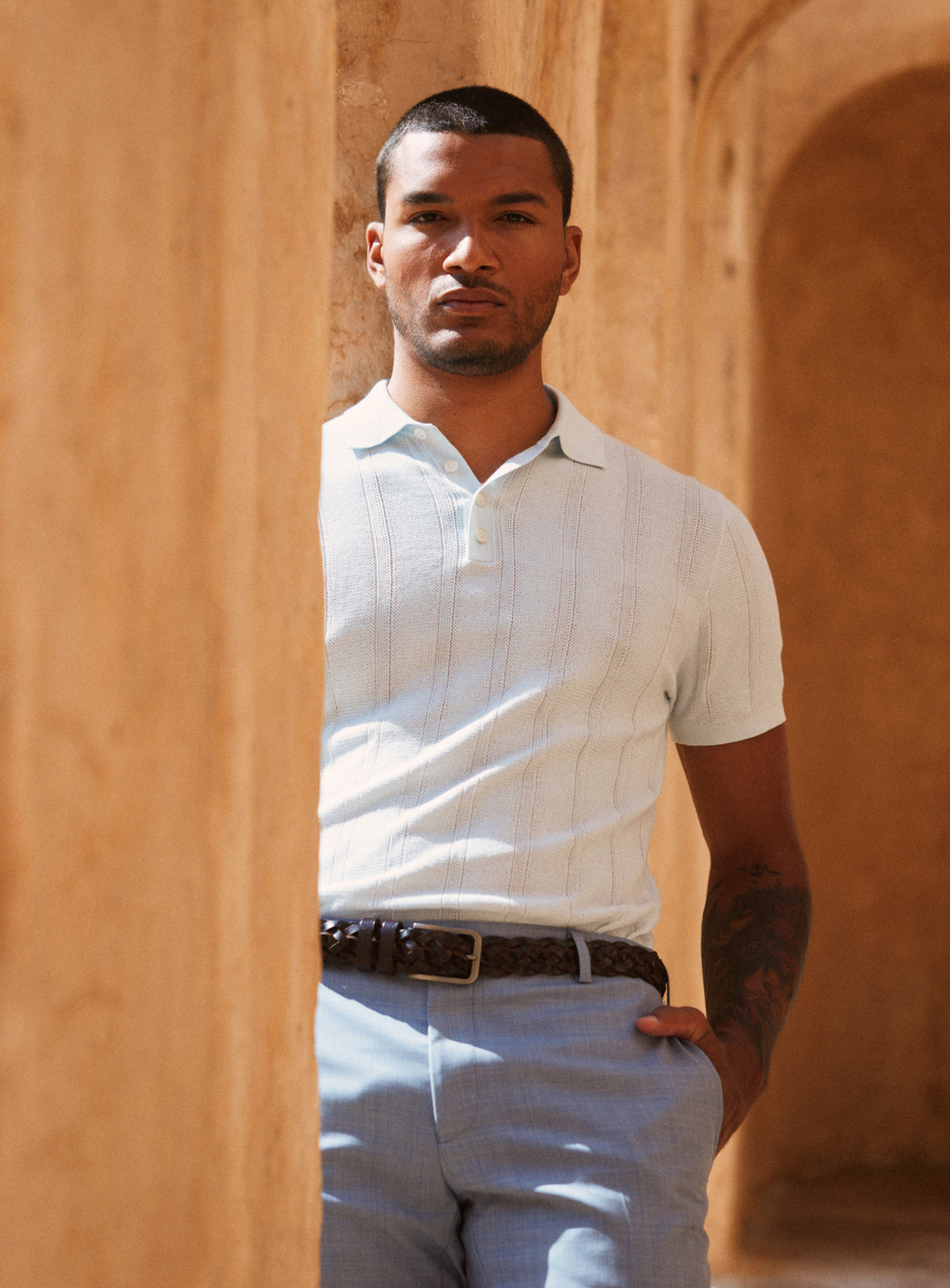 Cavazza Stripe Sky Blue Knit Polo Shirt