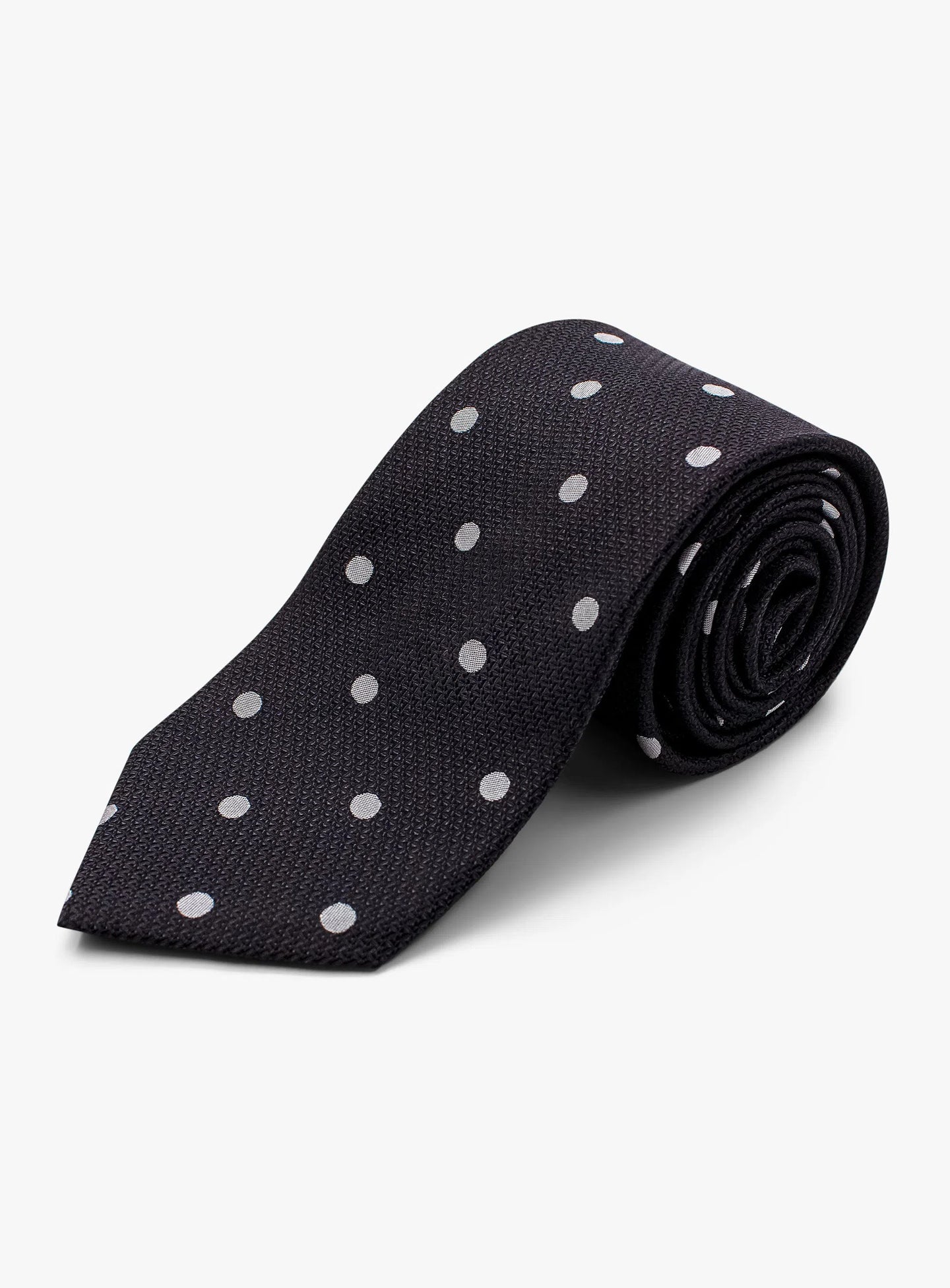 Black Silk Tie with Classic White Polka Dots