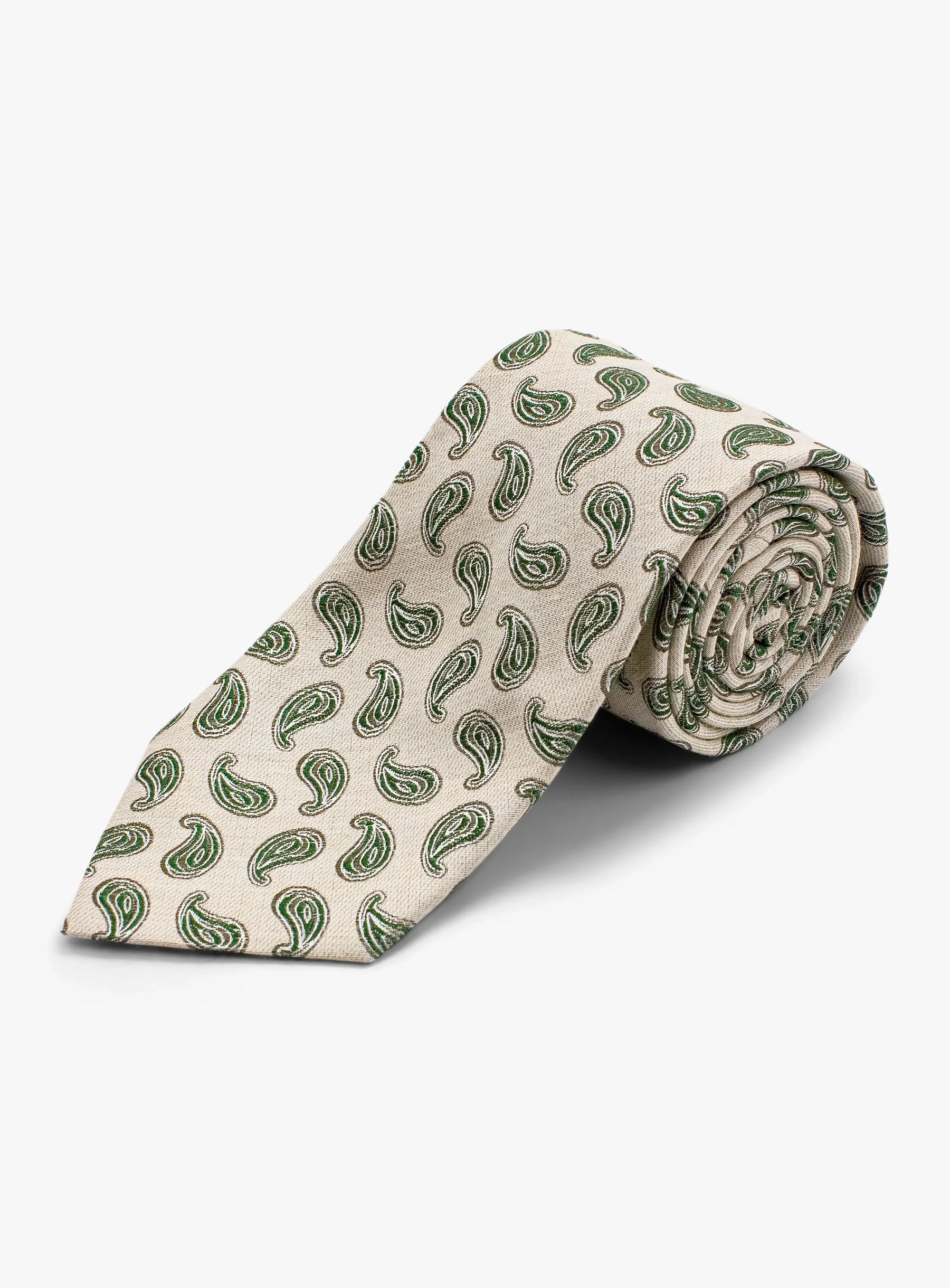 Bottinelli Italian Tie: Cream with Green Paisley