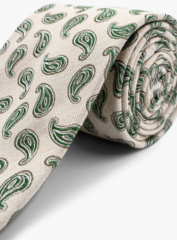 Bottinelli Italian Tie: Cream with Green Paisley