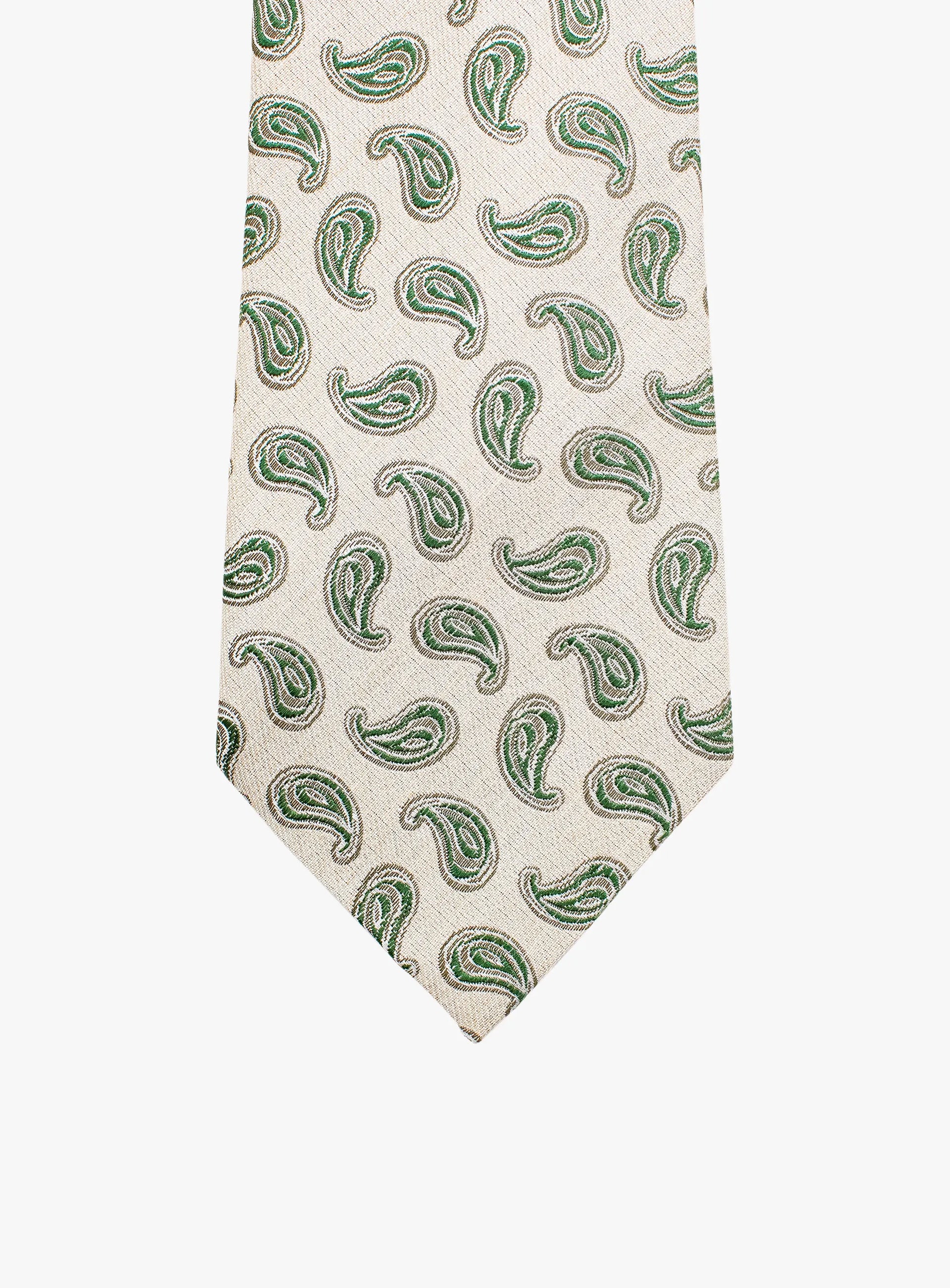 Bottinelli Italian Tie: Cream with Green Paisley