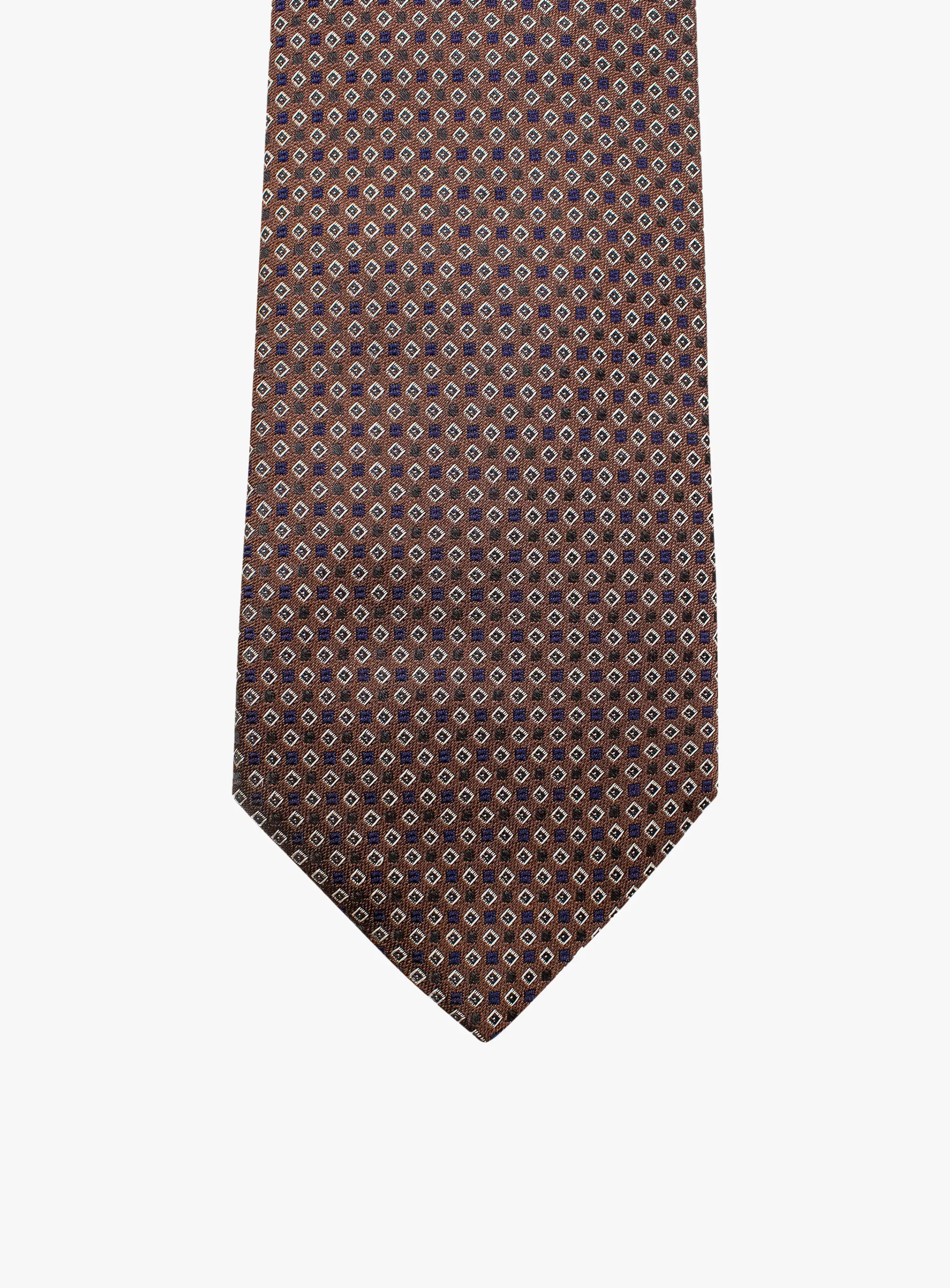 Bottinelli Italian Tie: Chocolate with Navy and Ivory Micro Diamond Motif