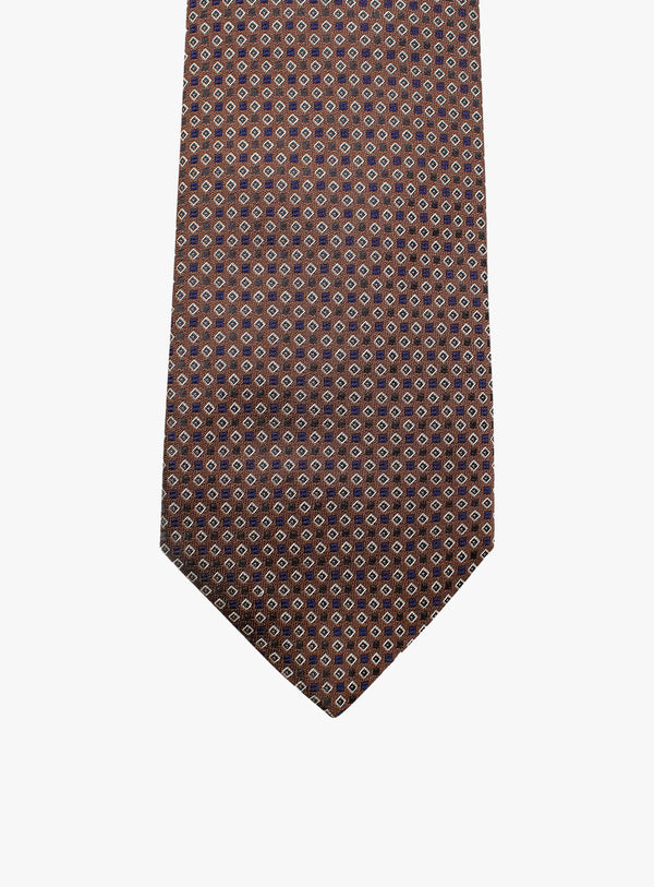 Bottinelli Italian Tie: Chocolate with Navy and Ivory Micro Diamond Motif