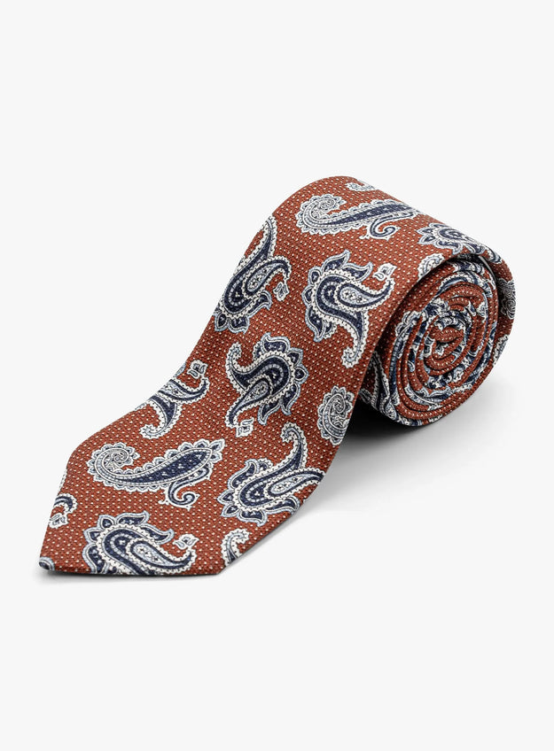 Bottinelli Italian Tie: Rust with Large Blue Paisley Print