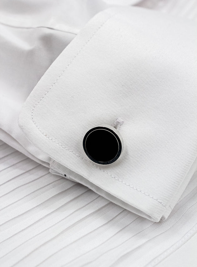 circular silver with black enamel cufflinks in shirt