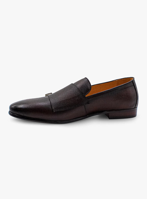 Dark Brown Pebbled Leather Double Monk Loafer