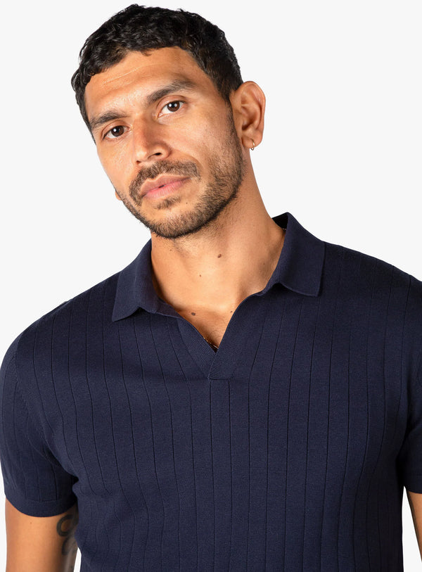Geno Ribbed Short Sleeve Navy Polo