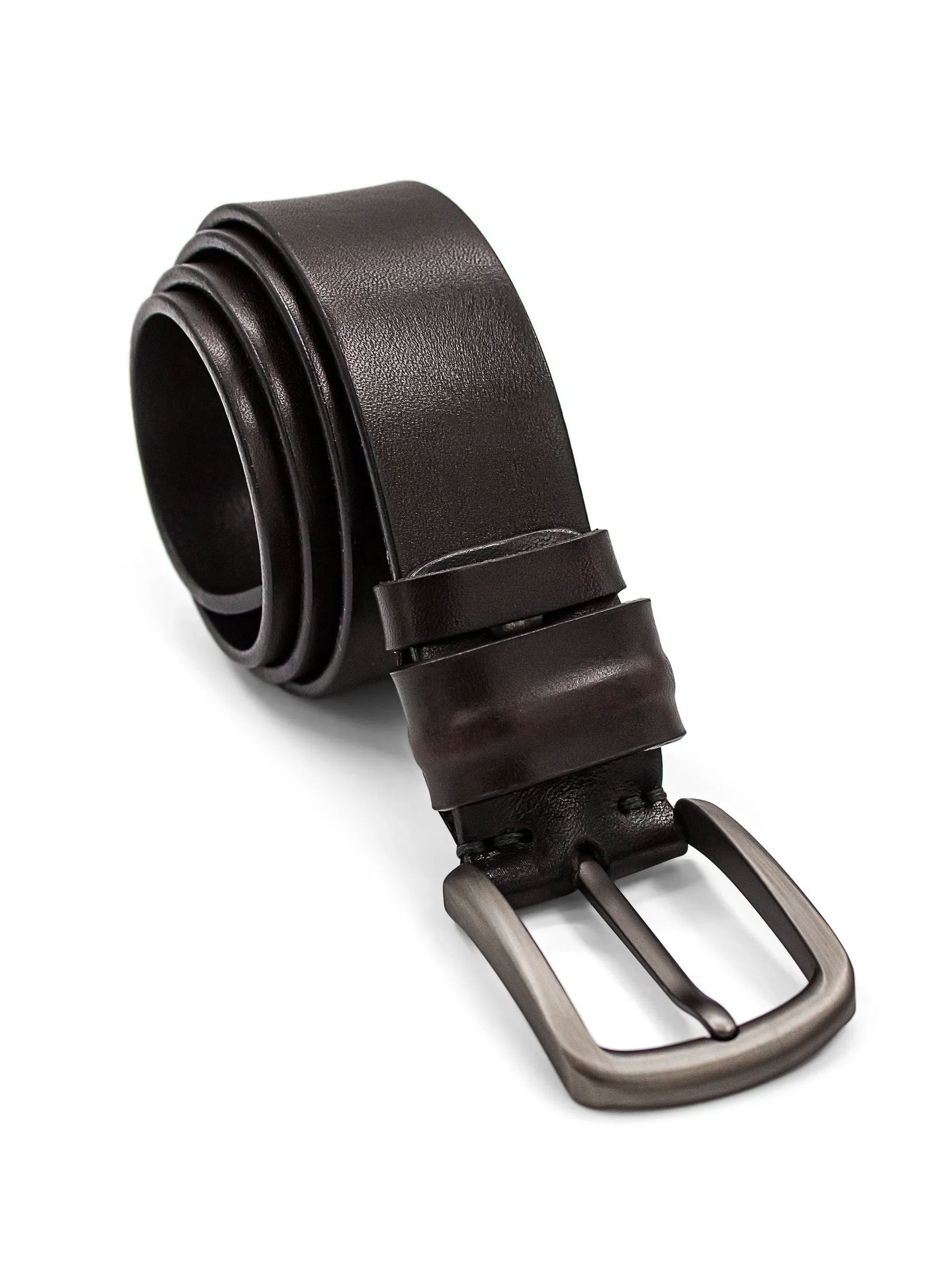 Brown leather belt with a silver buckle on a white background