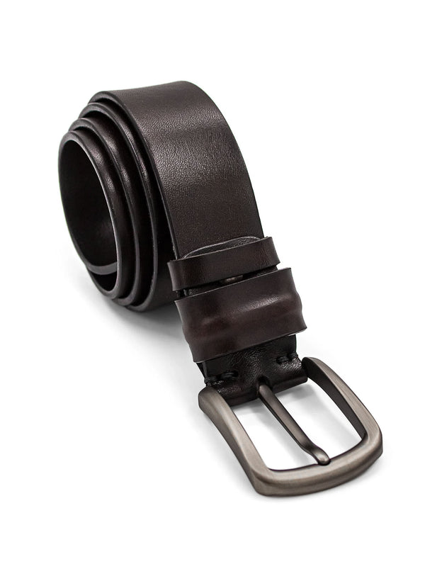 Brown leather belt with a silver buckle on a white background