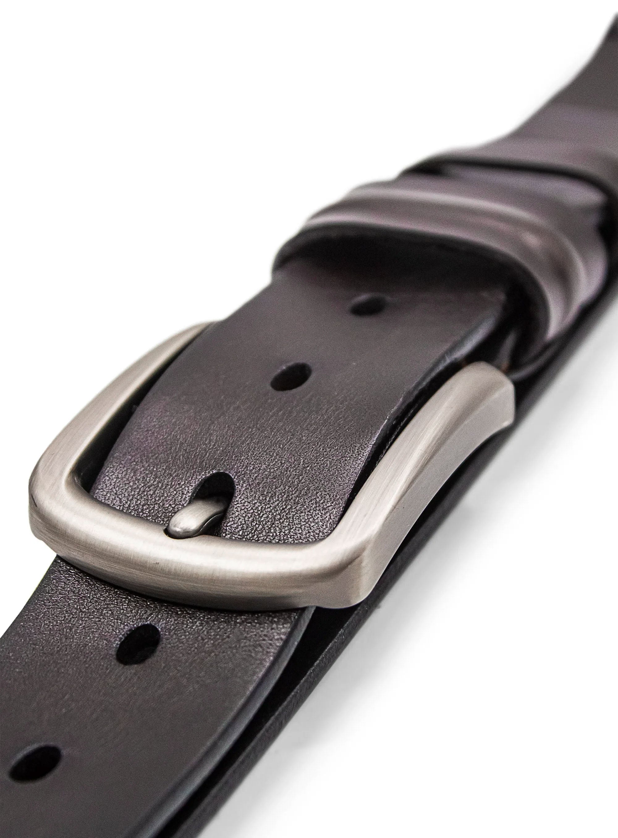 Close-up of a brown leather belt with a silver buckle on a white background