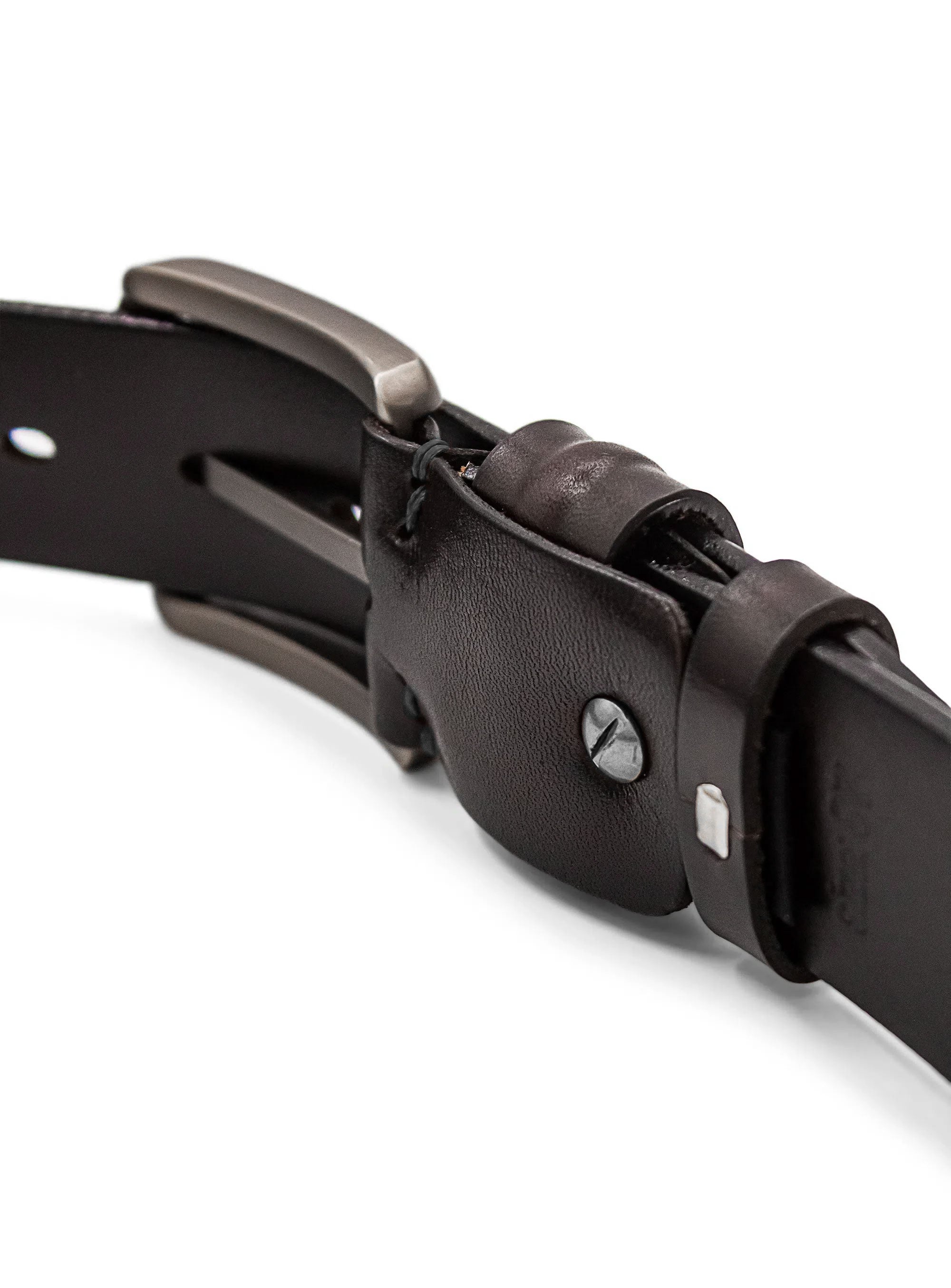 Close-up of a brown leather belt with silver buckle on a white background