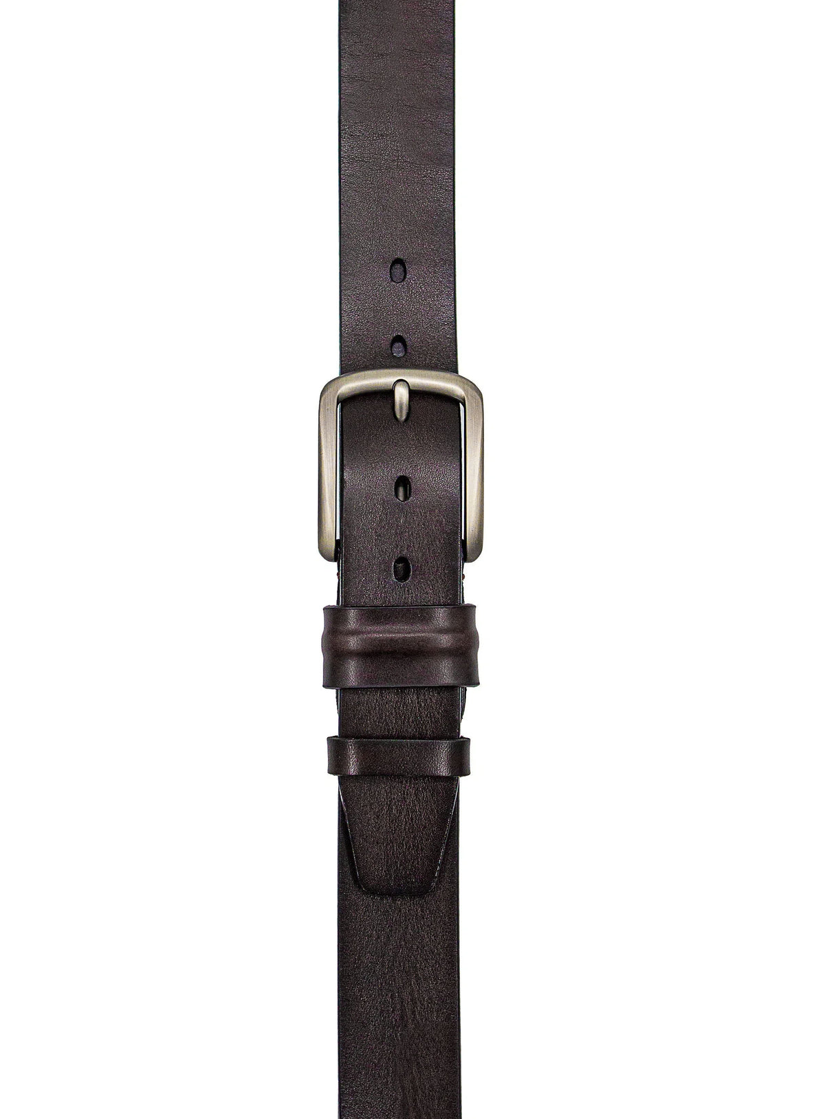 Dark brown leather belt with a silver buckle on a white background
