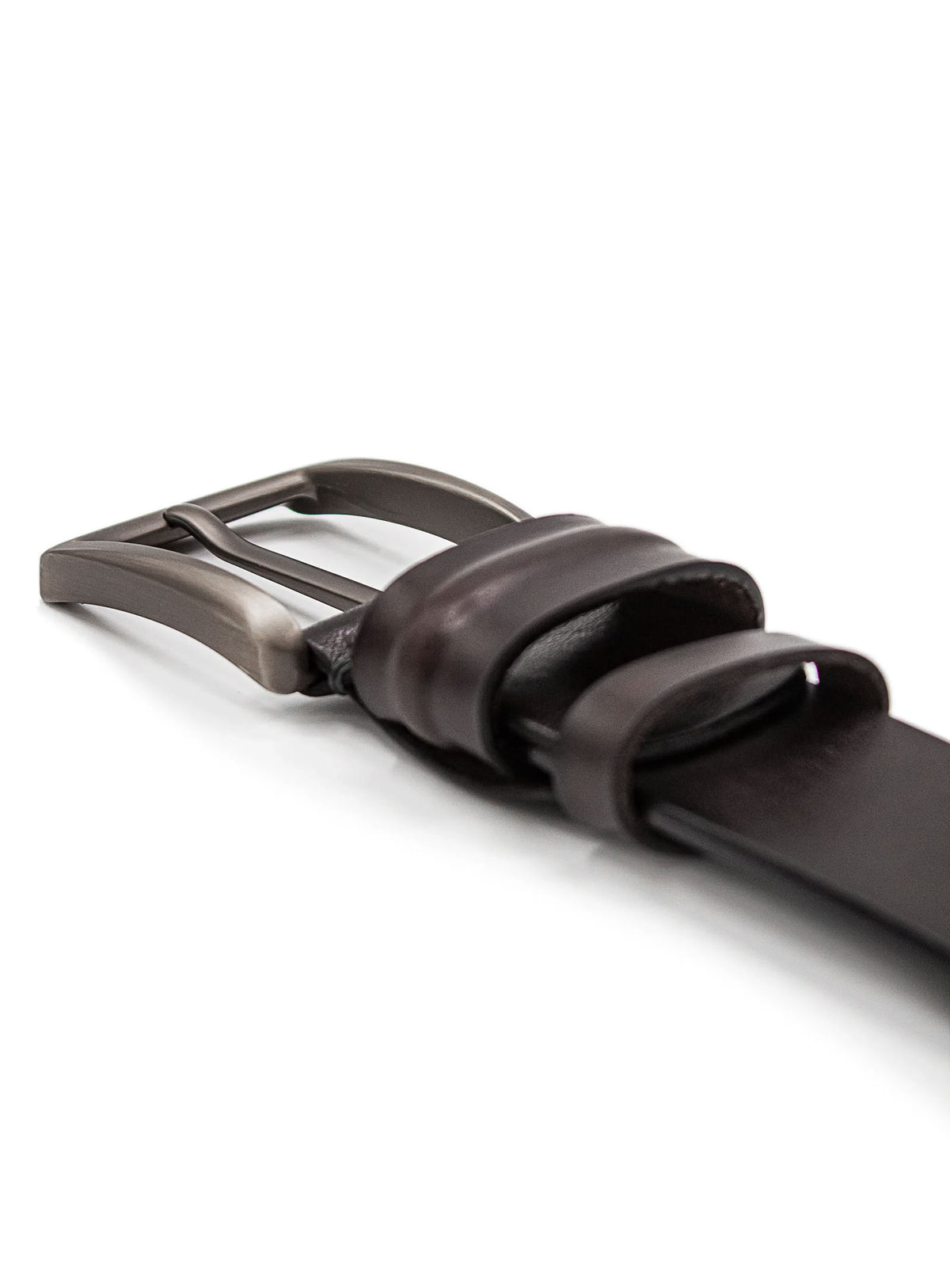 Brown leather belt with a silver buckle on a white background