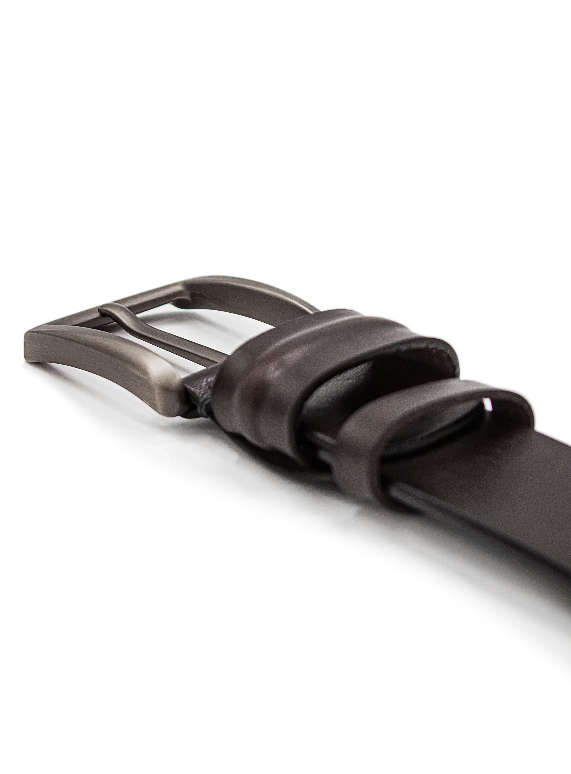 Brown leather belt with a silver buckle on a white background