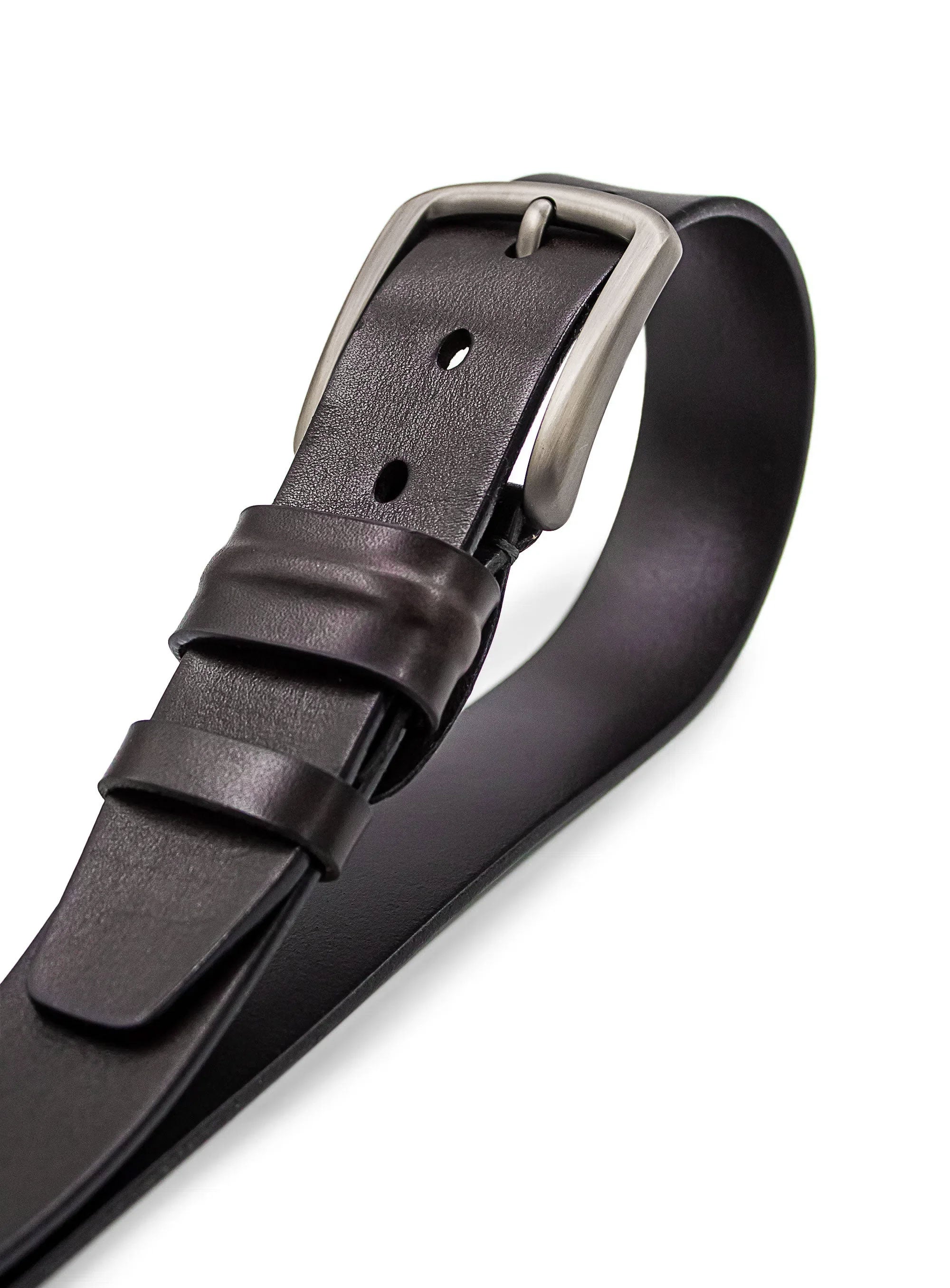 Brown leather belt with silver buckle on a white background