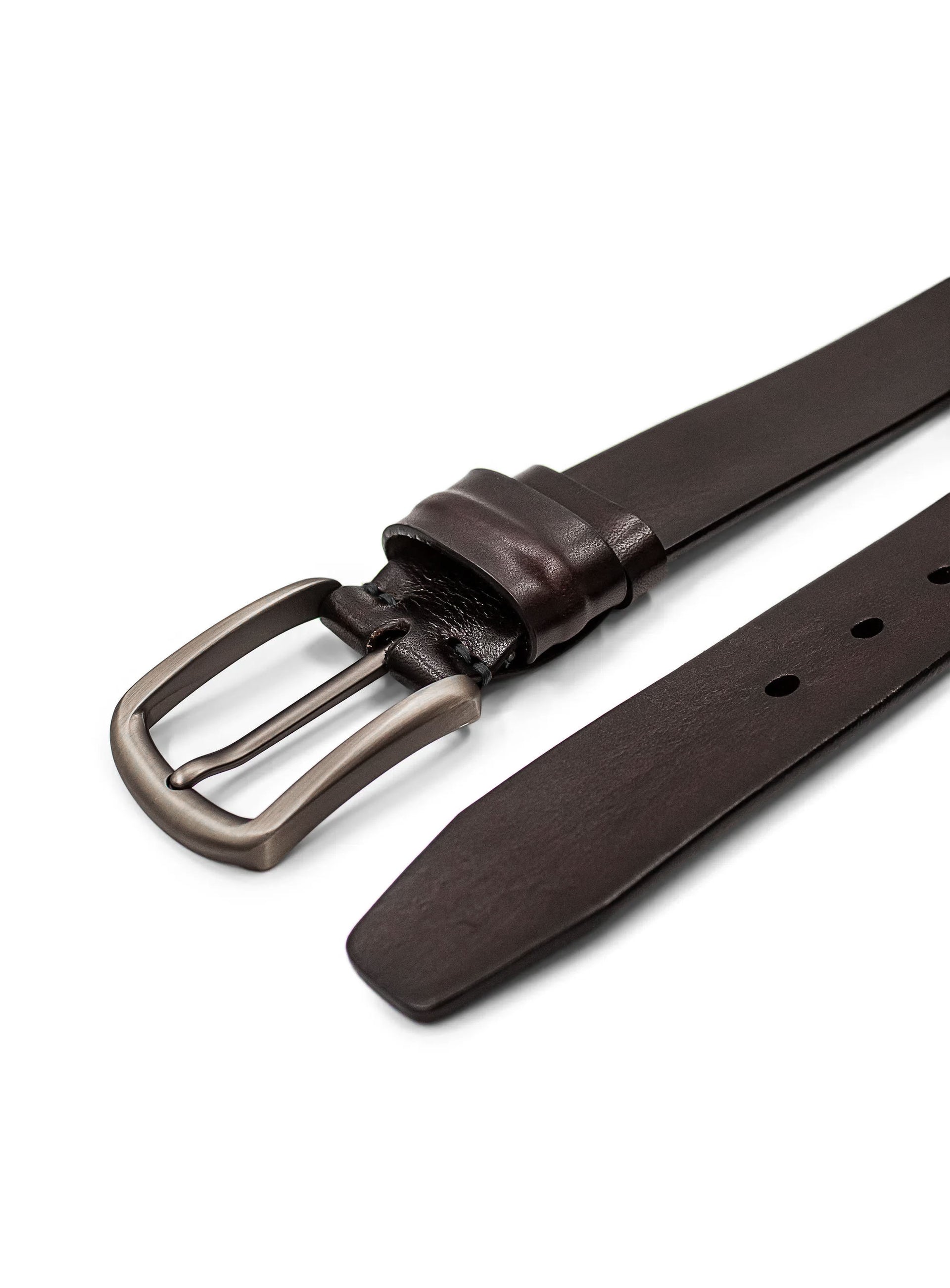 Brown leather belt with a silver buckle on a white background