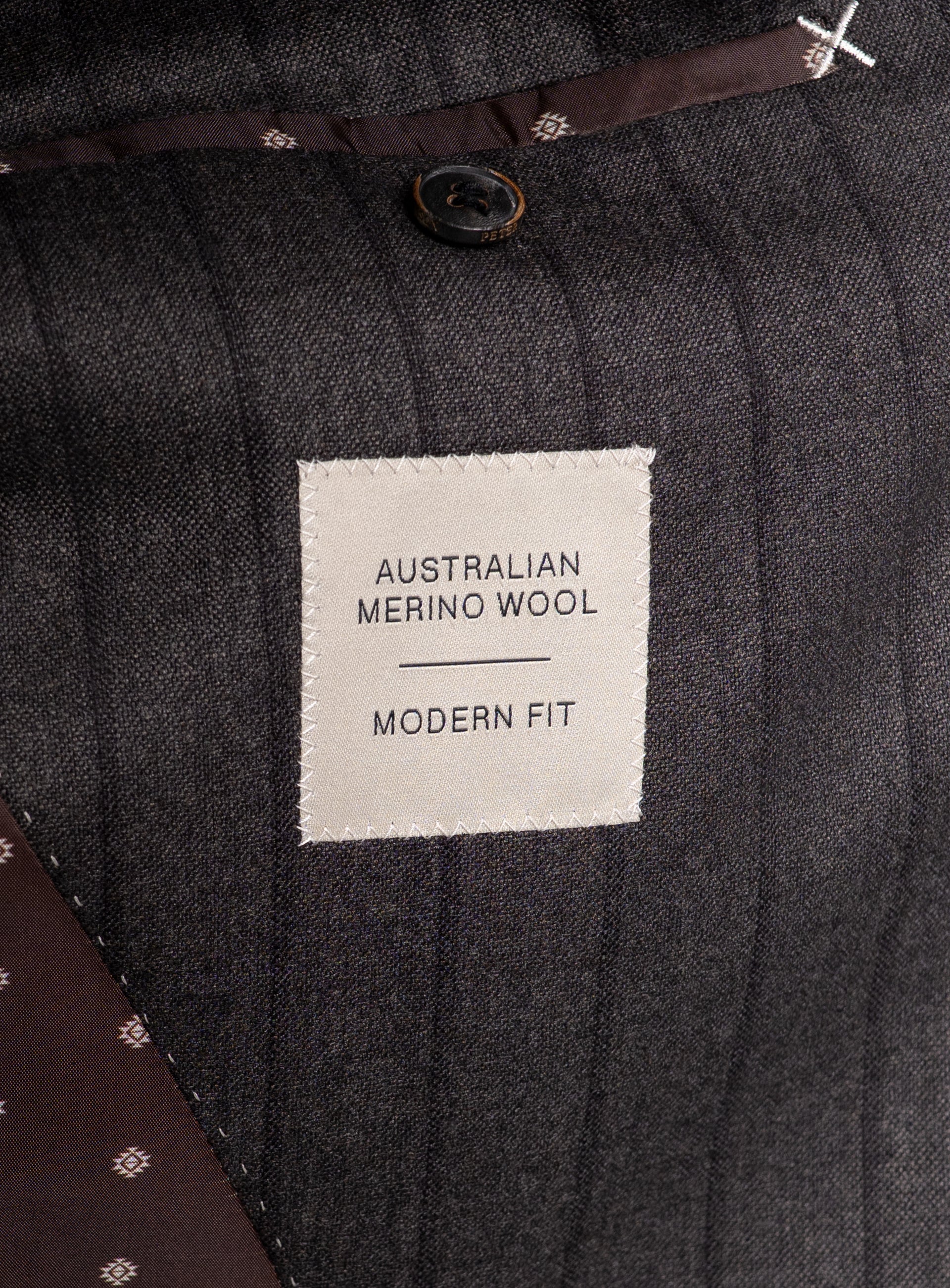 Label that says "Australian Merino Wool - Modern Fit" on the Baroncelli Striped Brown Sport Jacket