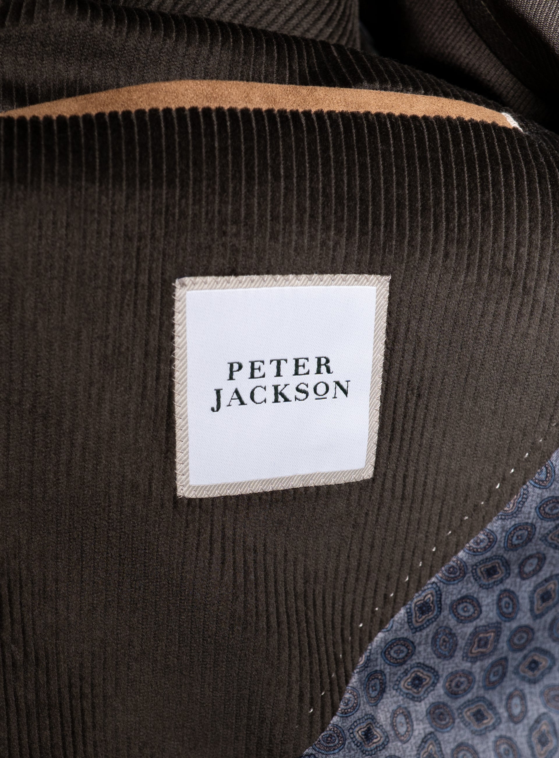 The "Peter Jackson" logo on the Vitale Corduroy Olive Green Sport Jacket