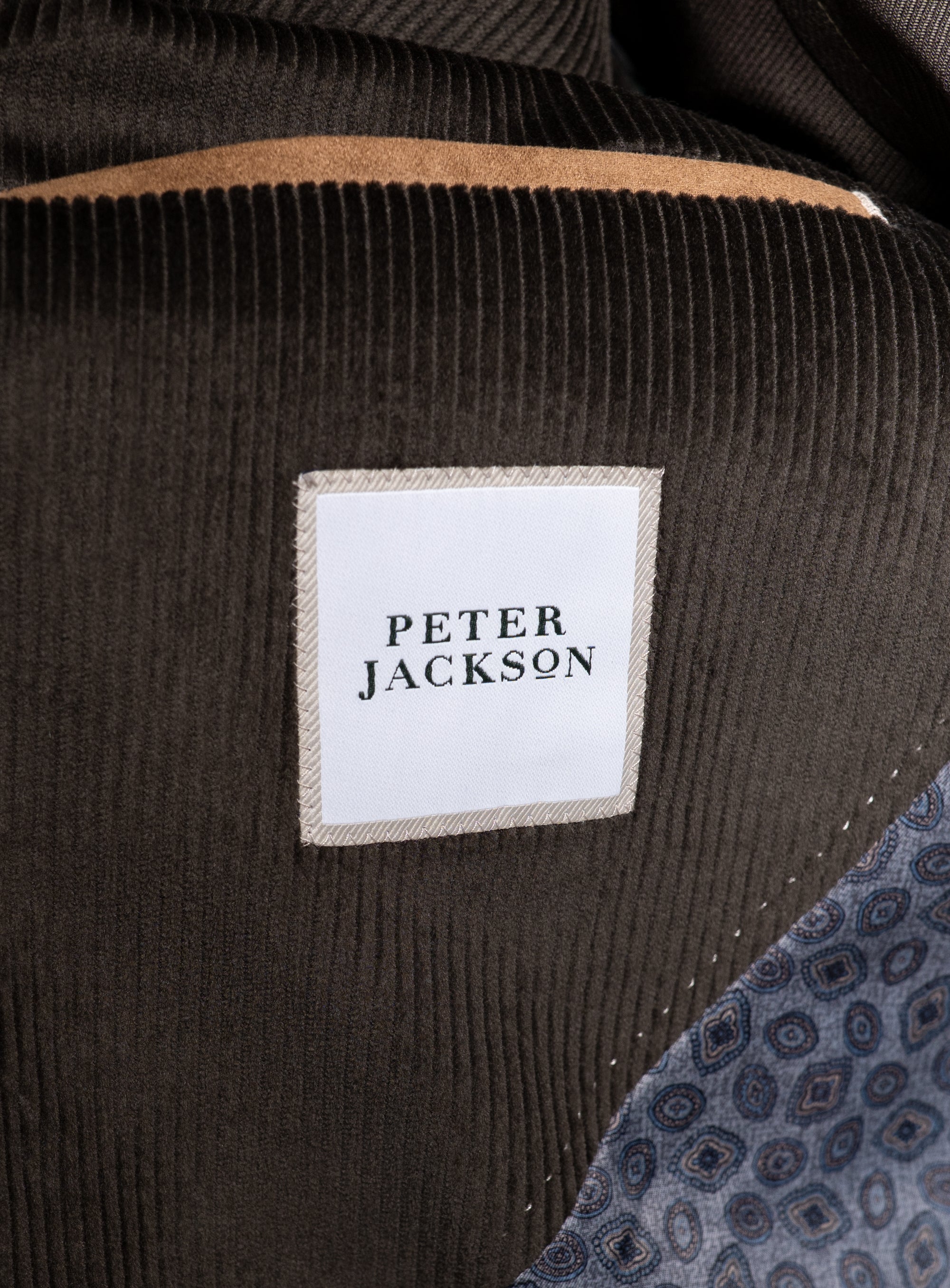 The "Peter Jackson" logo on the Vitale Corduroy Olive Green Sport Jacket
