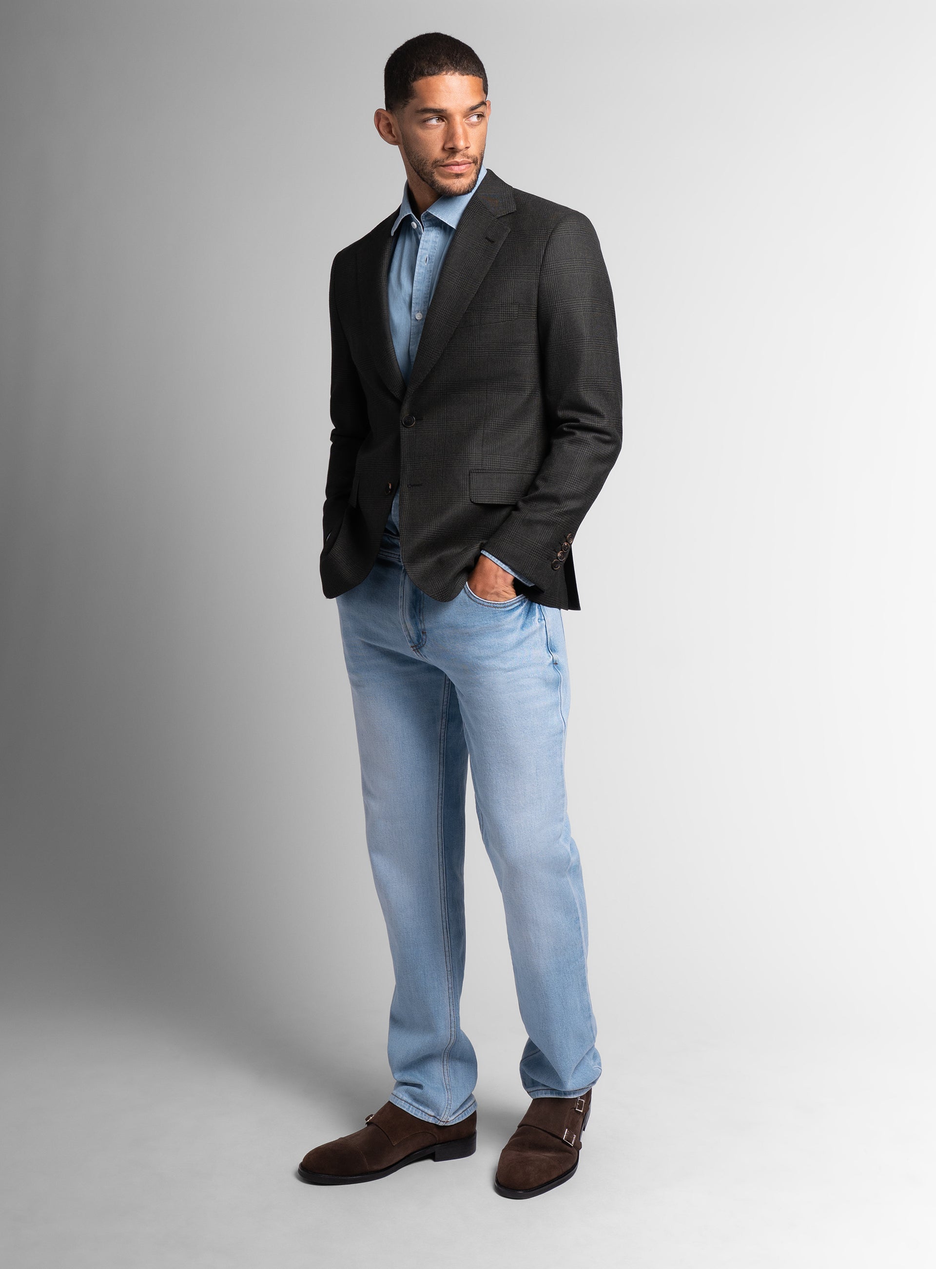 Man wearing the Vito Plaid Olive Green Sport Jacket