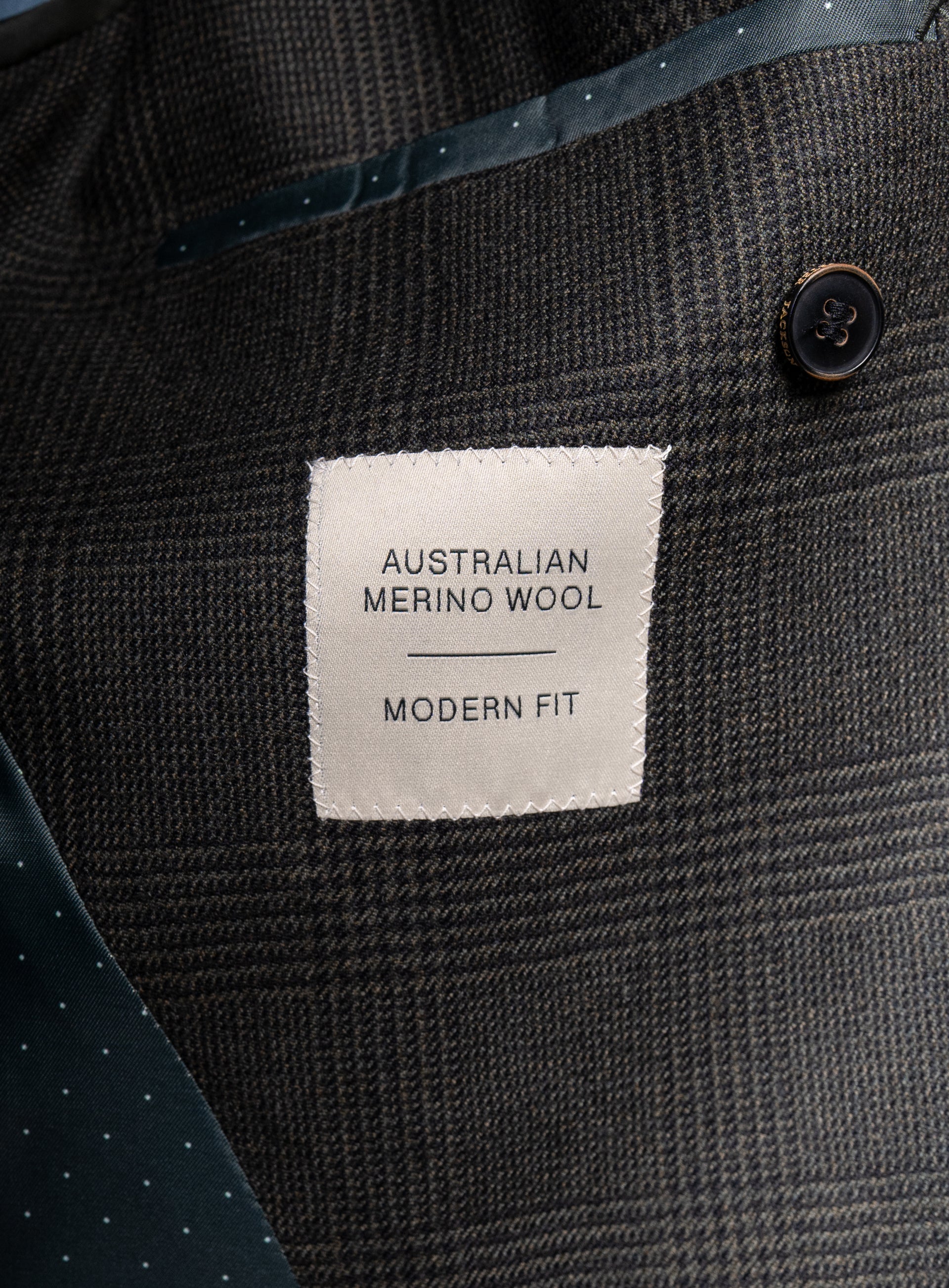 Label that says "Australian Merino Wool - Modern Fit" on the Vito Plaid Olive Green Sport Jacket