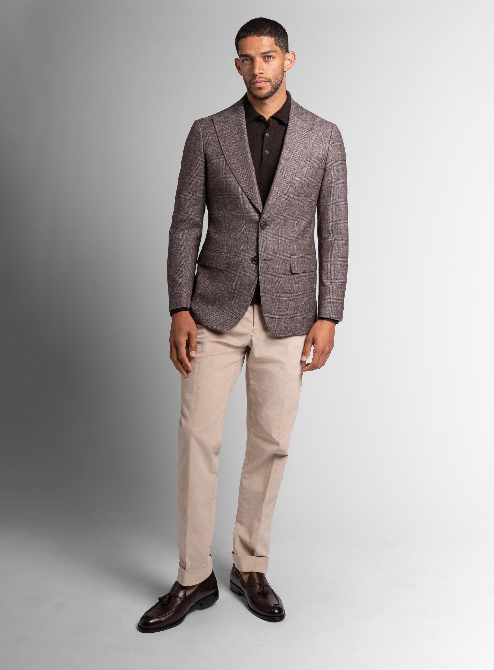 Picture of a man wearing the Portici Chocolate Brown Check Jacket
