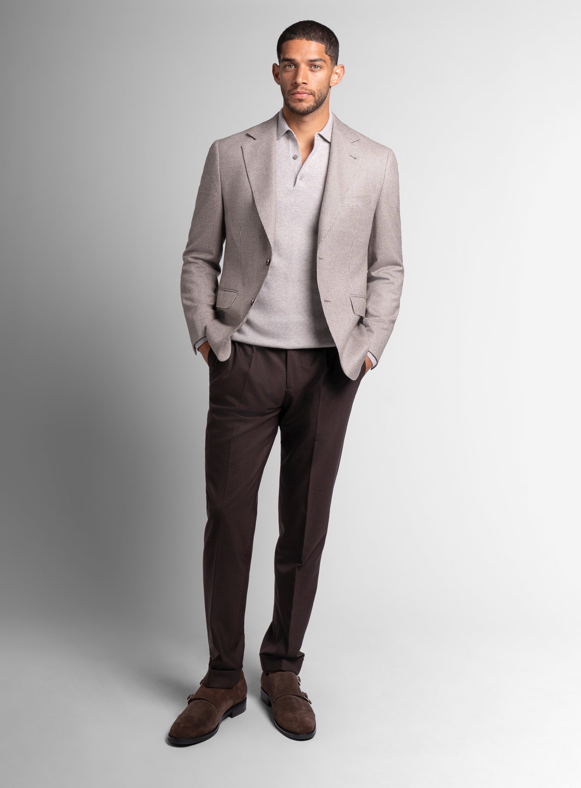 Picture of a man wearing the Vito Puppytooth Taupe Brown Jacket