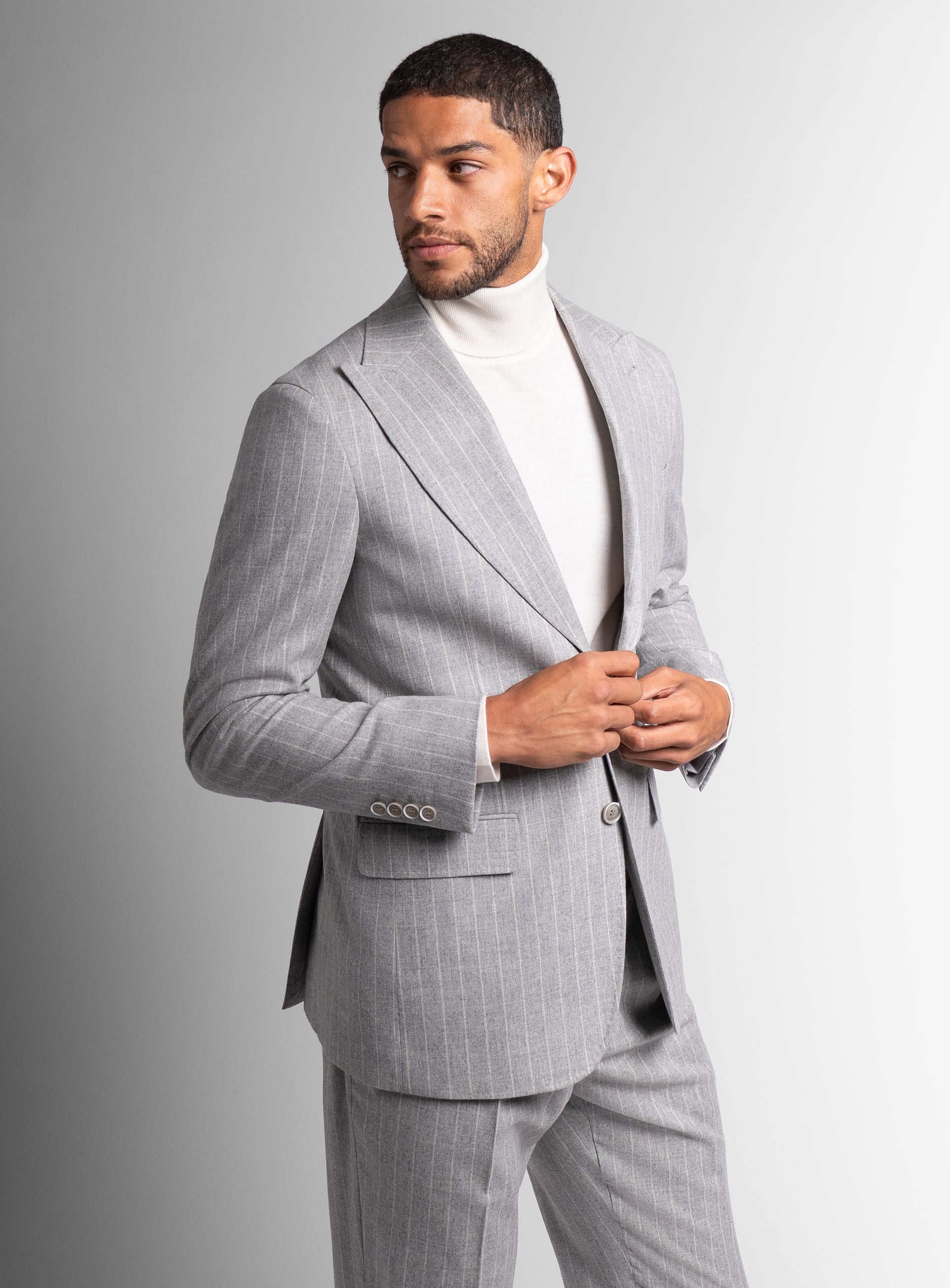 Man wearing the Portici Milled Pinstripe Silver Grey Jacket