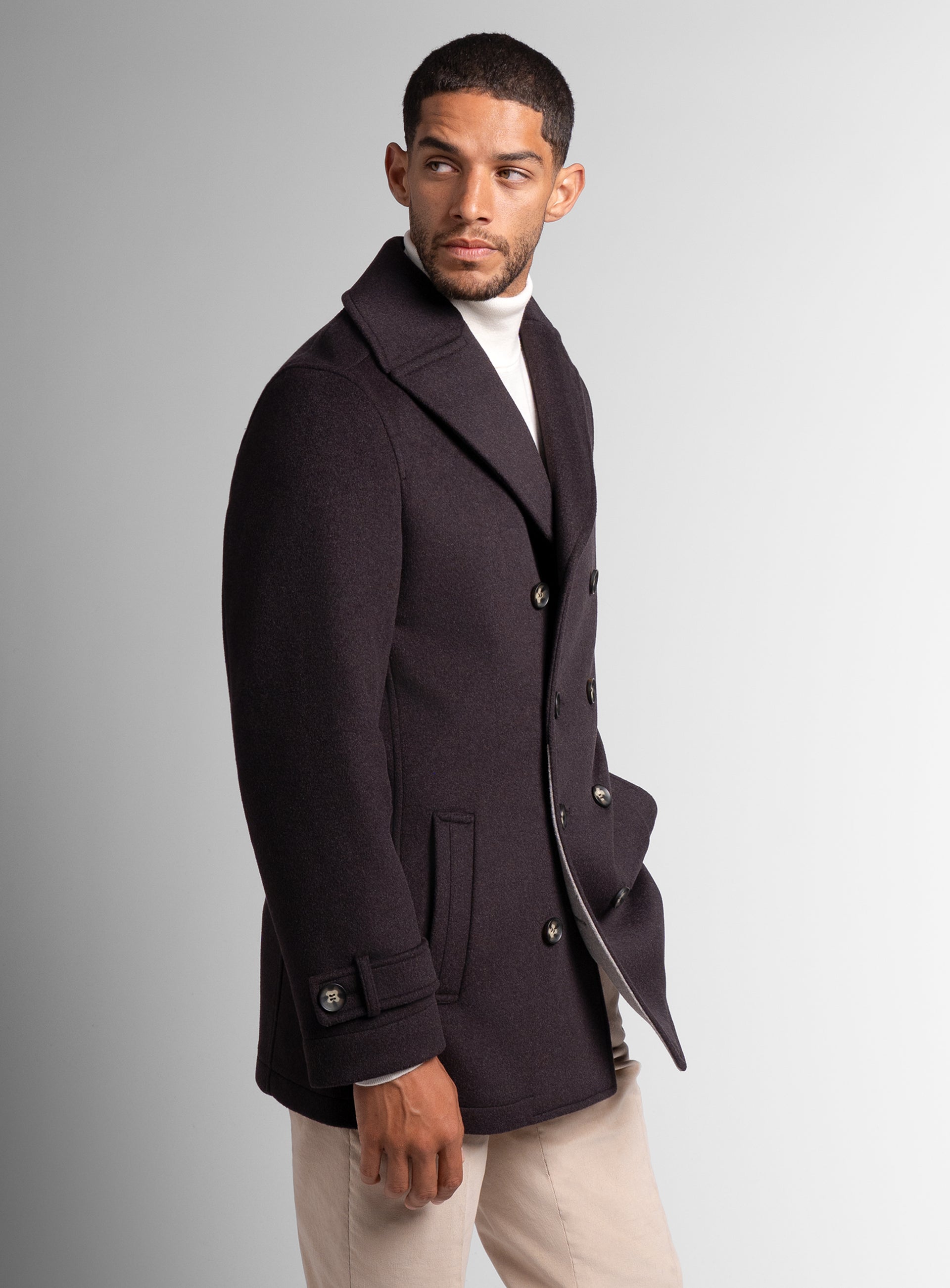 A side-view of the Bridge Chocolate Brown Peacoat
