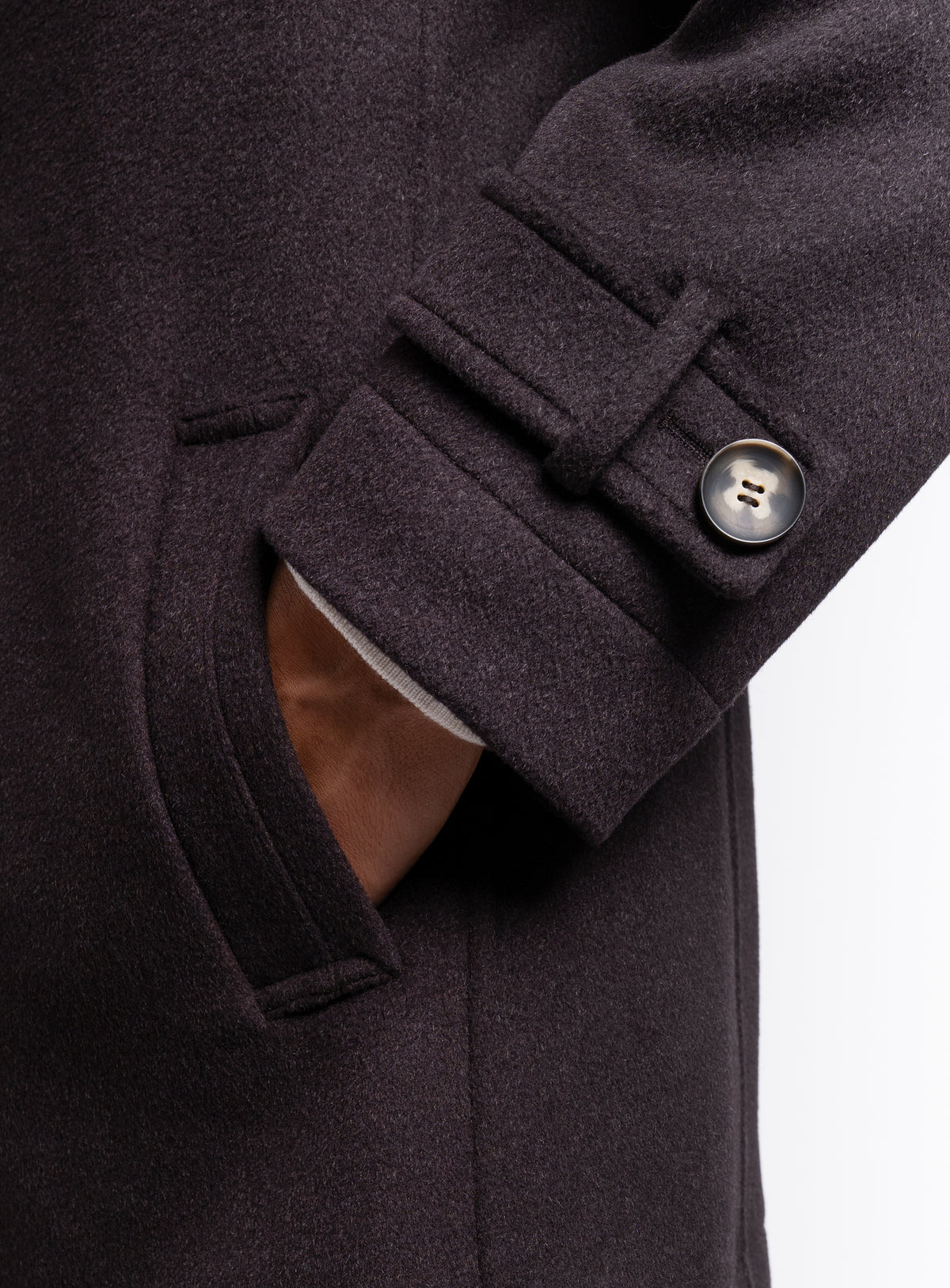 Close-up of the sleeves on the Bridge Chocolate Brown Peacoat
