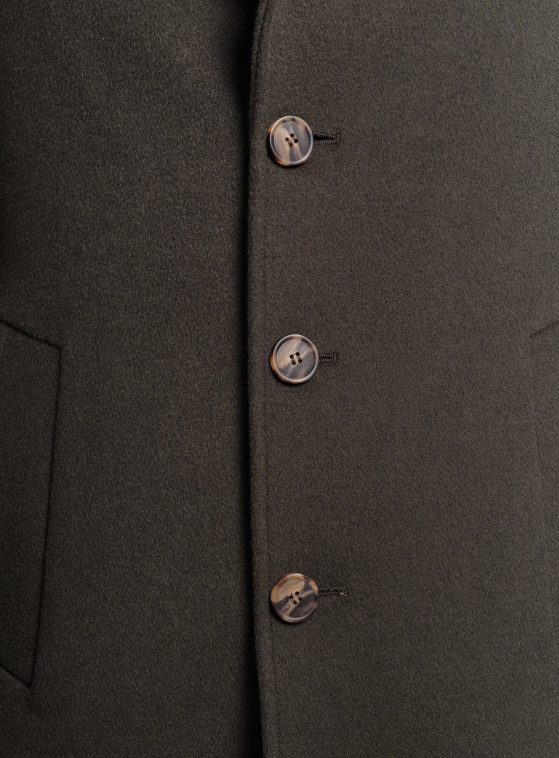 The buttons on the Gallio Wool Pile Forest Green Coat