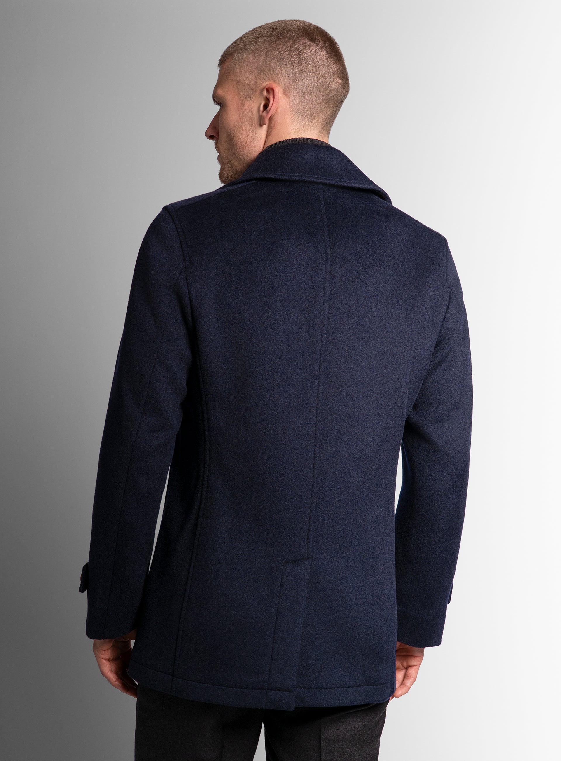 The back of the Bridge Navy Blue Peacoat