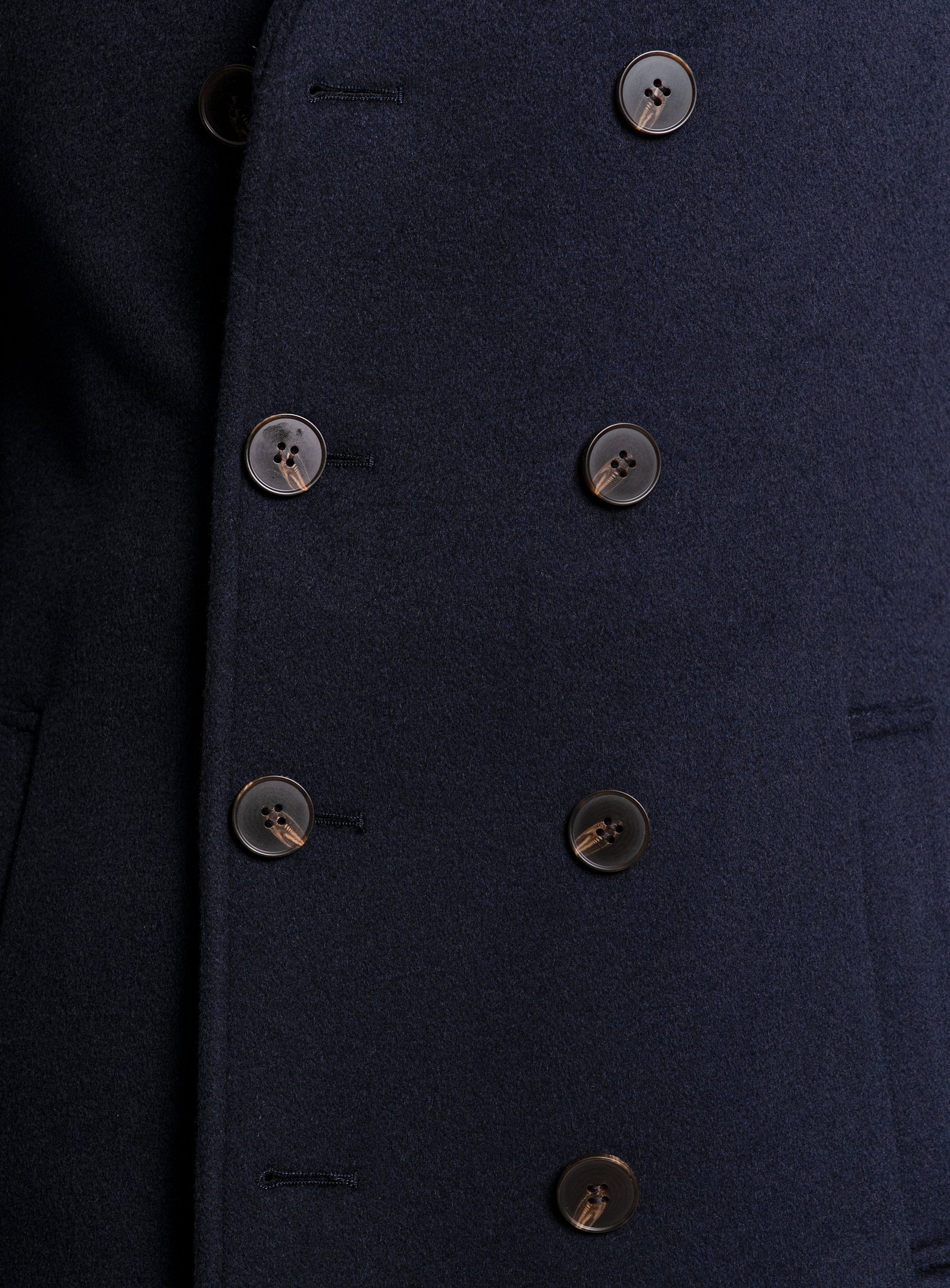 Close-up of the buttons on the "Bridge Navy Blue Peacoat"