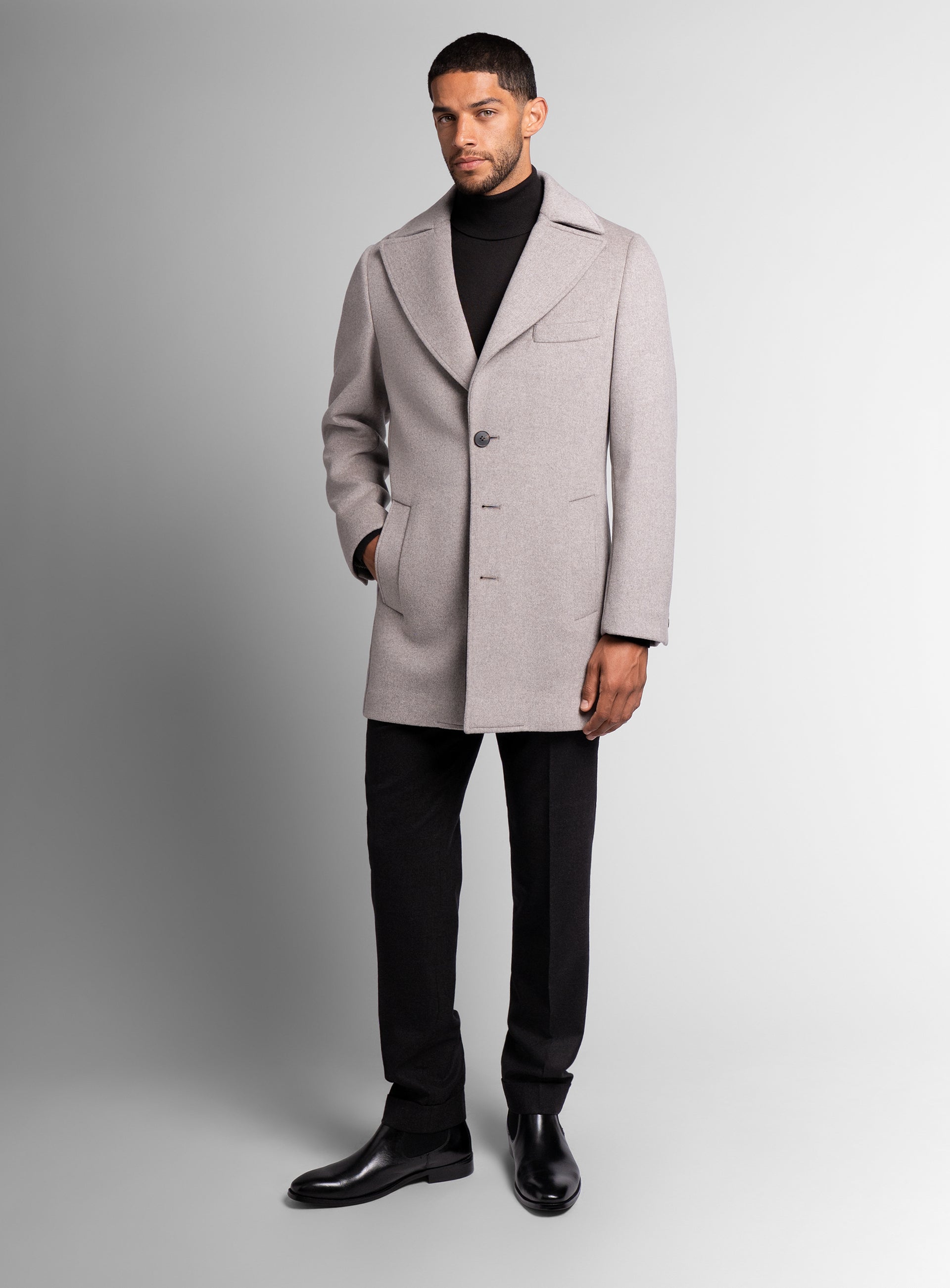 A man wearing the Gallio Wool Pile Oat Beige Coat