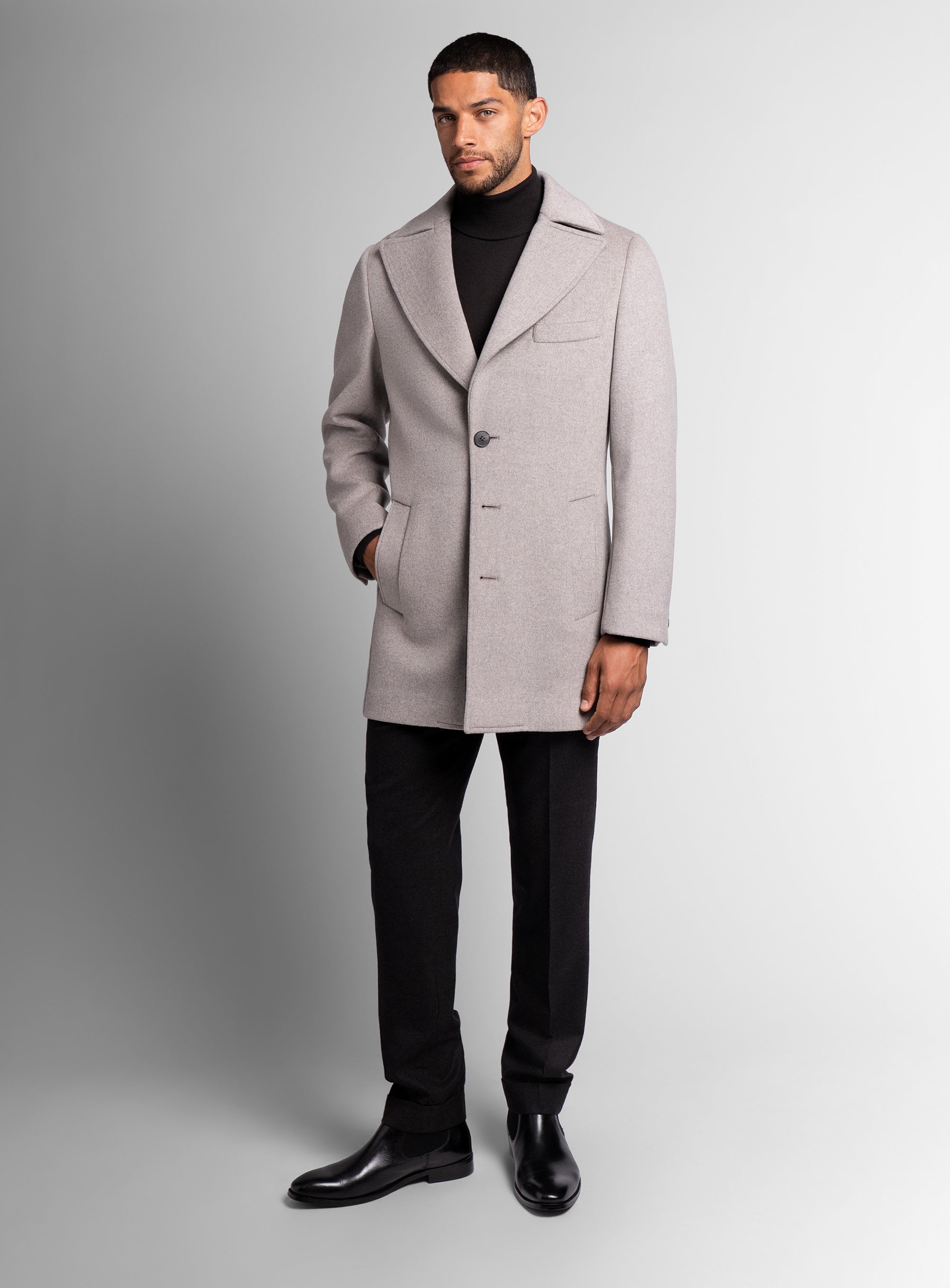 A man wearing the Gallio Wool Pile Oat Beige Coat