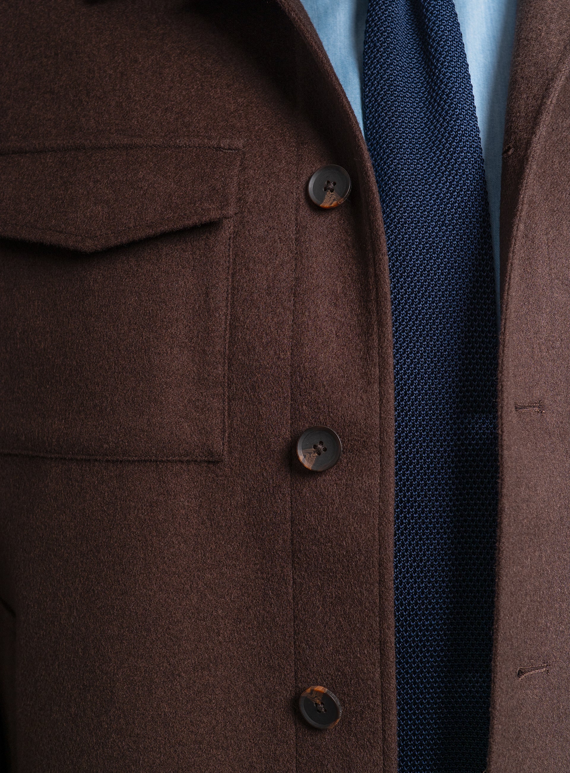 Close-up of the buttons on the Orlando Chocolate Brown Jacket